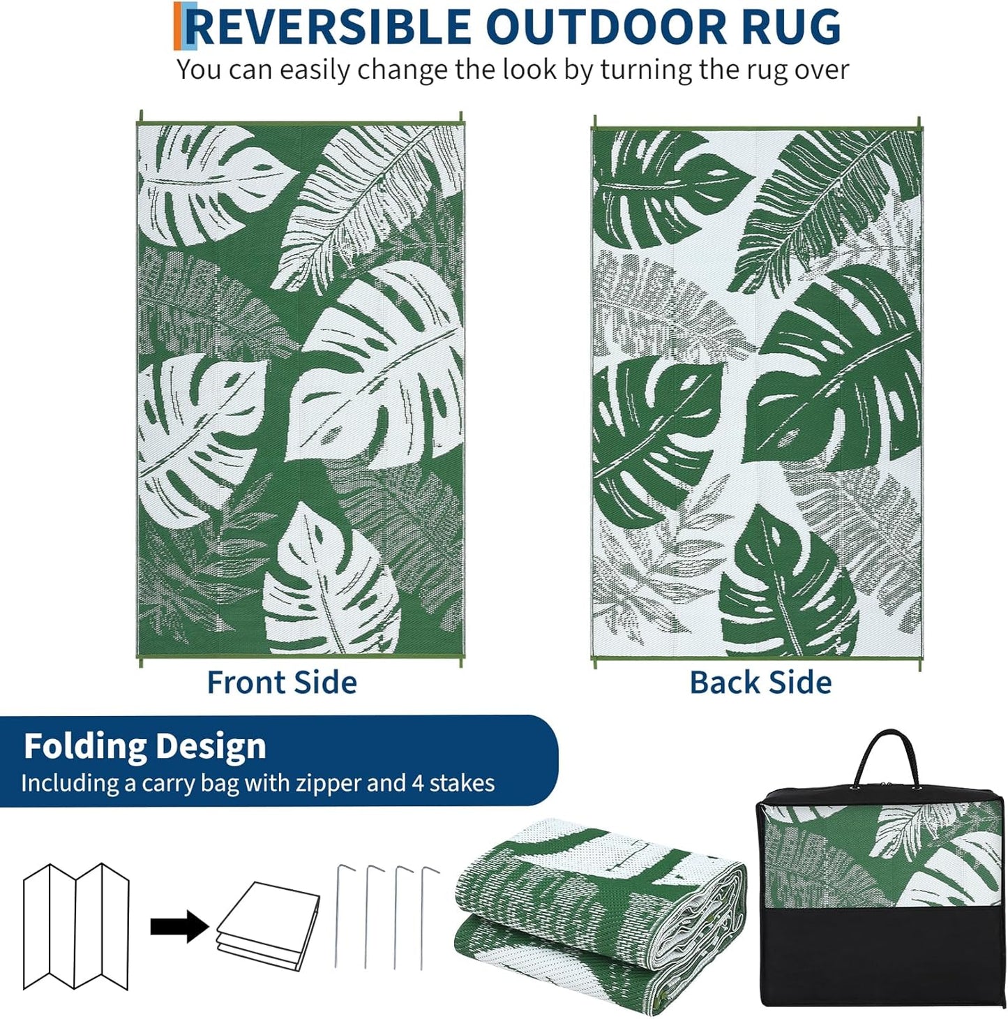 GAOMON Outdoor Rug 8x10 Patio Waterproof Reversible Plastic Straw Rug Modern Foldable Lightweight RV Camping Mat with Portable Bag & 4 Stakes, UV Resistant & Sturdy for Picnic Deck Balcony, Green