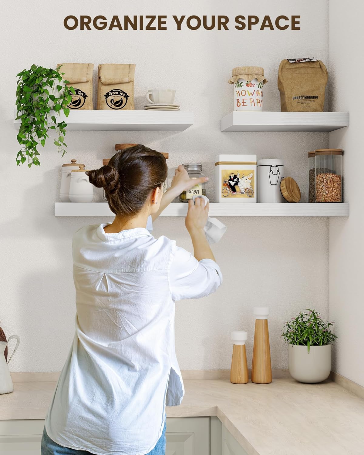 Marsmiles 36" Floating Shelves for Wall, Wooden Shelves with Invisible Brackets Set of 2, Rustic Farmhouse Wall Mounted Shelf for Kitchen Bathroom Living Room Study, White