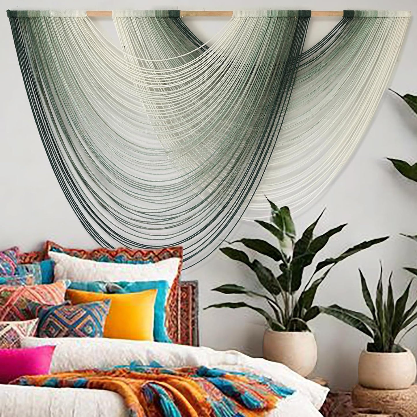 Macrame Wall Hanging Green Yarn Art Dip-Dye Boho Wall Decor Fiber Wall Art Craftsmanship Home Decor 57" W x 39" L