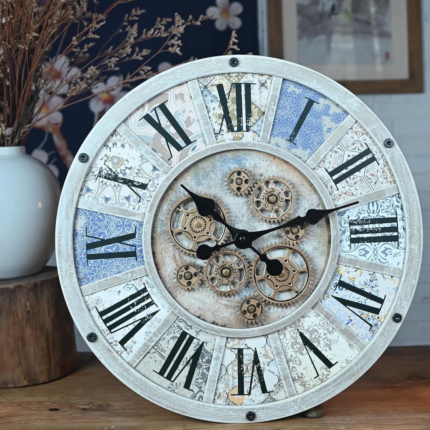 Unique Moving Gear Large Wall Clock 21inch-Battery Powered. Retro Industrial Steampunk Country Farmhouse Decor for The Living Room Kitchen Bars cafes Offices(whith/metal/21)