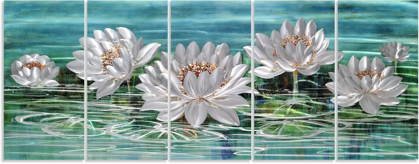 Yihui Arts Lotus Metal Wall Art, Green and Silver Flower Artwork, Hand Grind Aluminum Sculpture for Home Decor