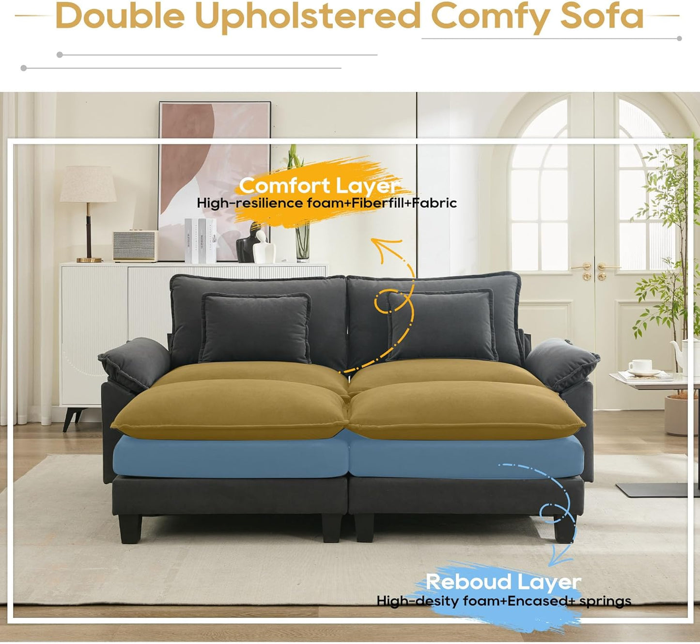 URRED Modular Sectional Sofa Comfy Cloud Couch, Modern Velvet Sofa Sleeper Deep Seat Couches with Ottoman/Pillows for Living Room (Dark Gray, 82.6''- 2 Ottomans)