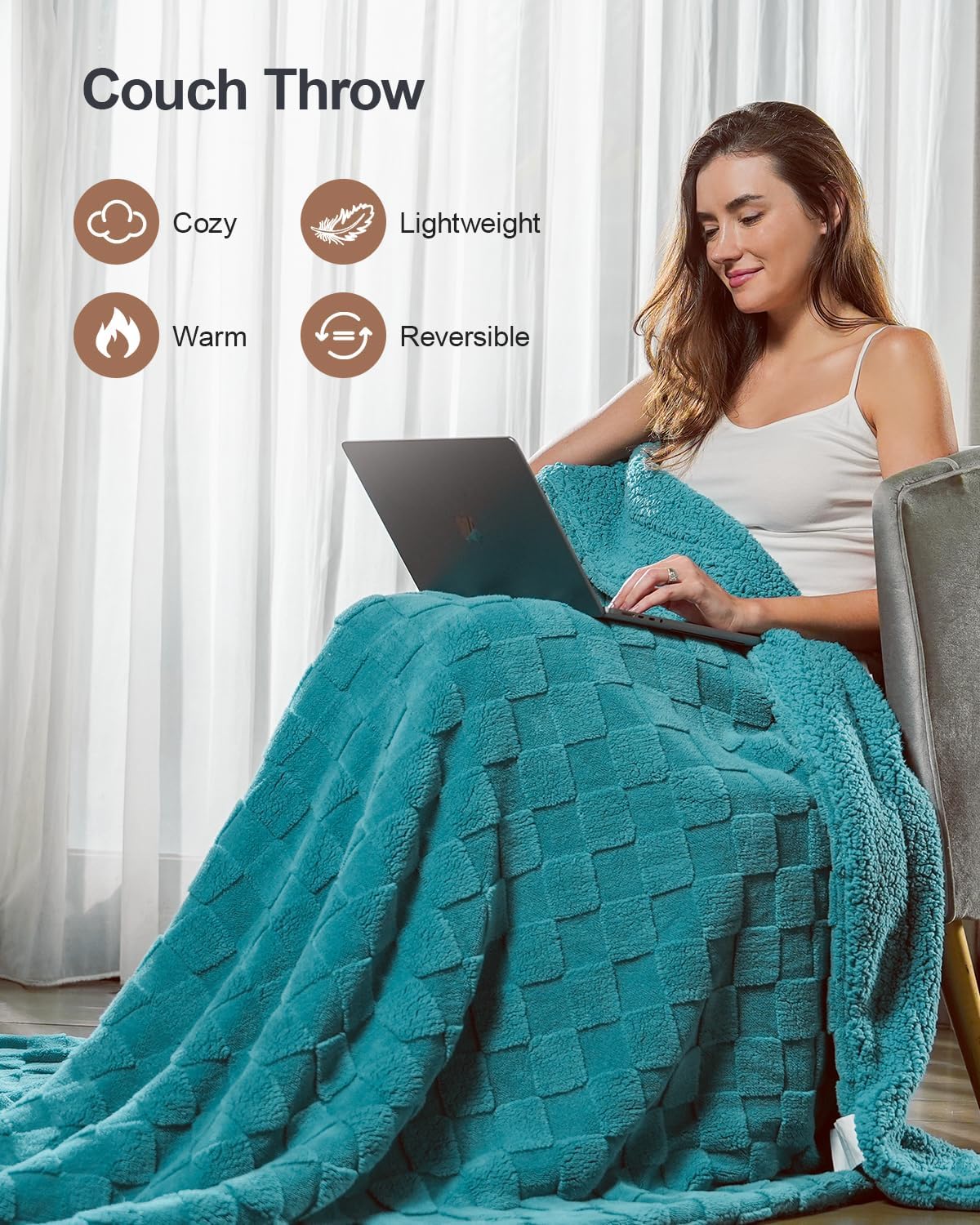 Pawque Super Soft Cozy Throw Blanket for Couch Bed - Fluffy Sherpa Fleece Reversible Thick Warm Fuzzy Blanket for All-Season, 3D Checkered Jacquard Elegant Decorative Blankets, Teal Green, 50" x 60"