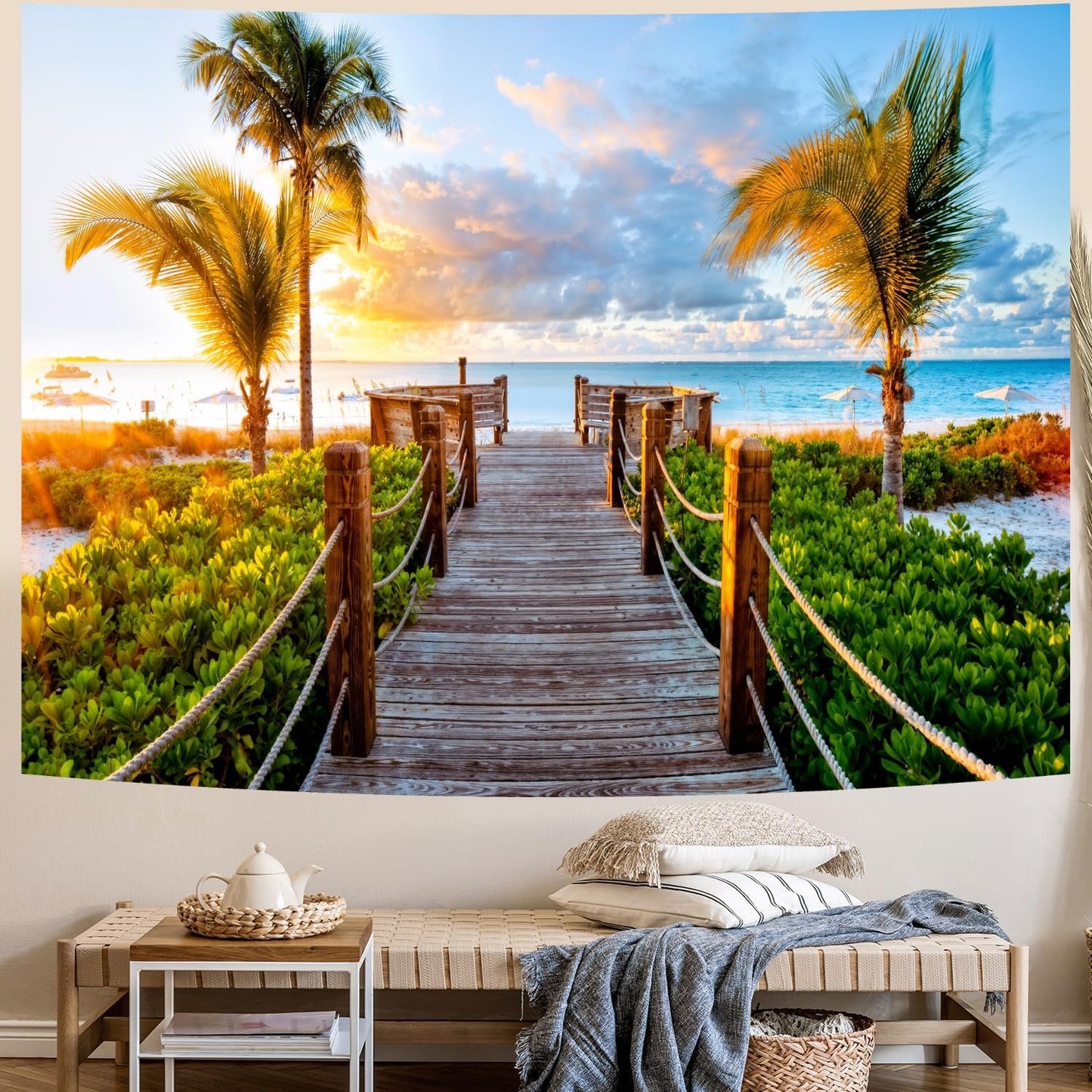 Delur Beach Sunset Tapestry Tropical Seaside Palm Tree Coastal Tapestry Wall Hanging Sunrise Nature Landscape Scenic Psychedelic Headboard for Bedroom Living Room Home Decor (59.1" x 78.7")