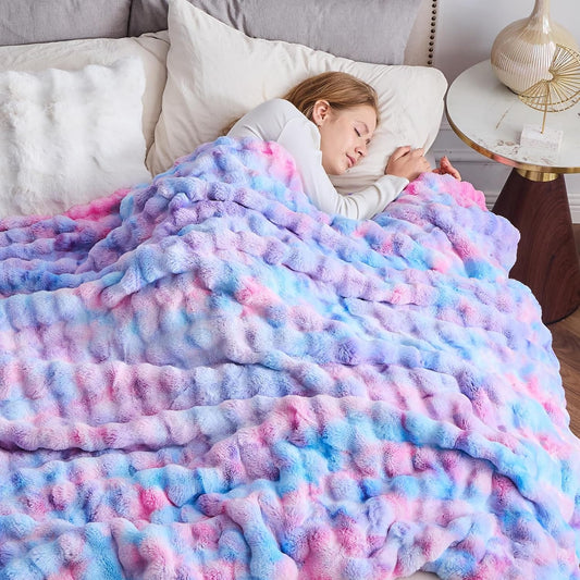 NEWCOSPLAY Faux Fur Twin Blanket Purple Rainbow Luxury Fluffy Thick Warm Bubble Blanket for Couch Sofa Bed 700GSM (Purple Rainbow, Twin(60"x80"))