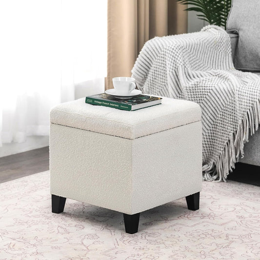 Adeco 18 Inch High Cube Ottoman Storage, Linen Chair Foot Stools, Upholstered Vanity Stool with Hinged Lid, Solid Wood Legs (White Circle Yarn)