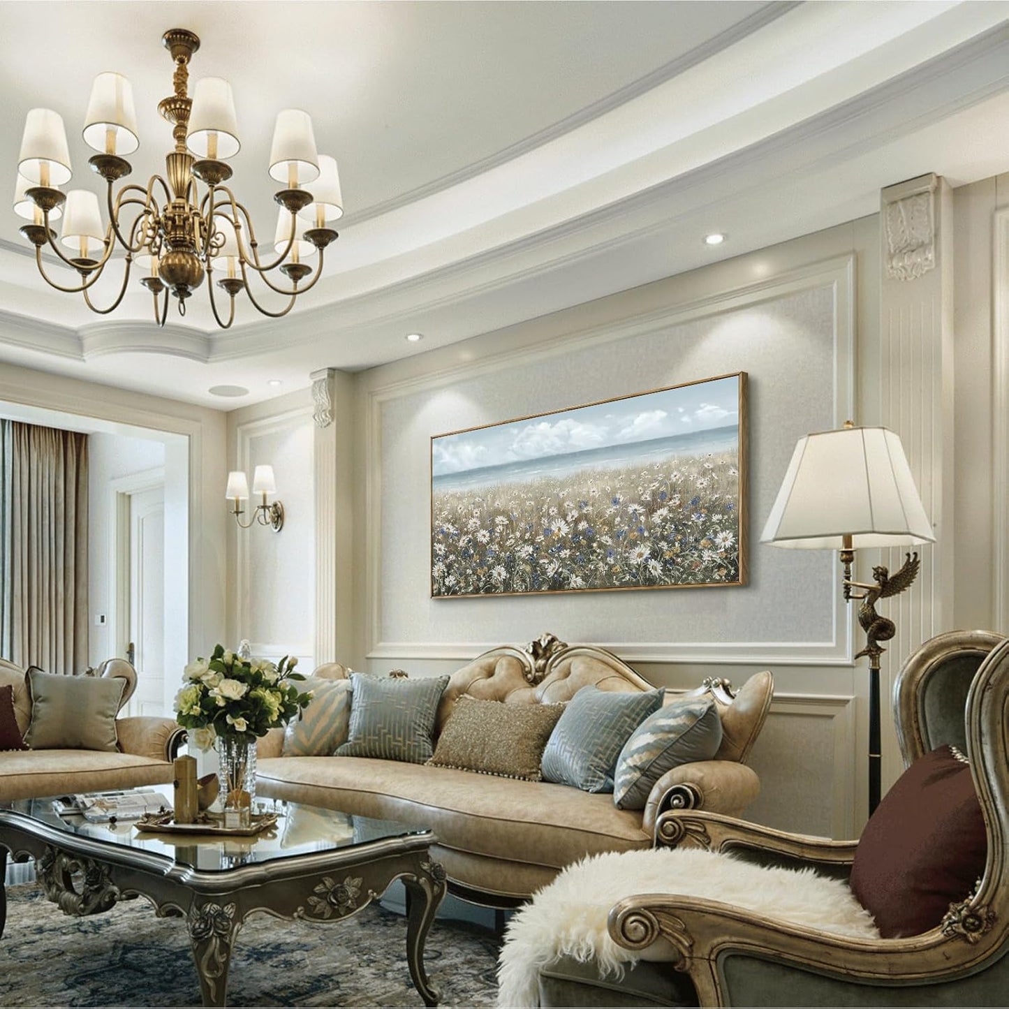 amatop Oversized Wall Art for Living Room Extra Large Farmhouse Boho Framed Beach Coastal Vintage Ocean Floral Canvas Print Daisy Flowers Sea Wall Picture Neutral Nautical Artwork Bedroom Office Decor