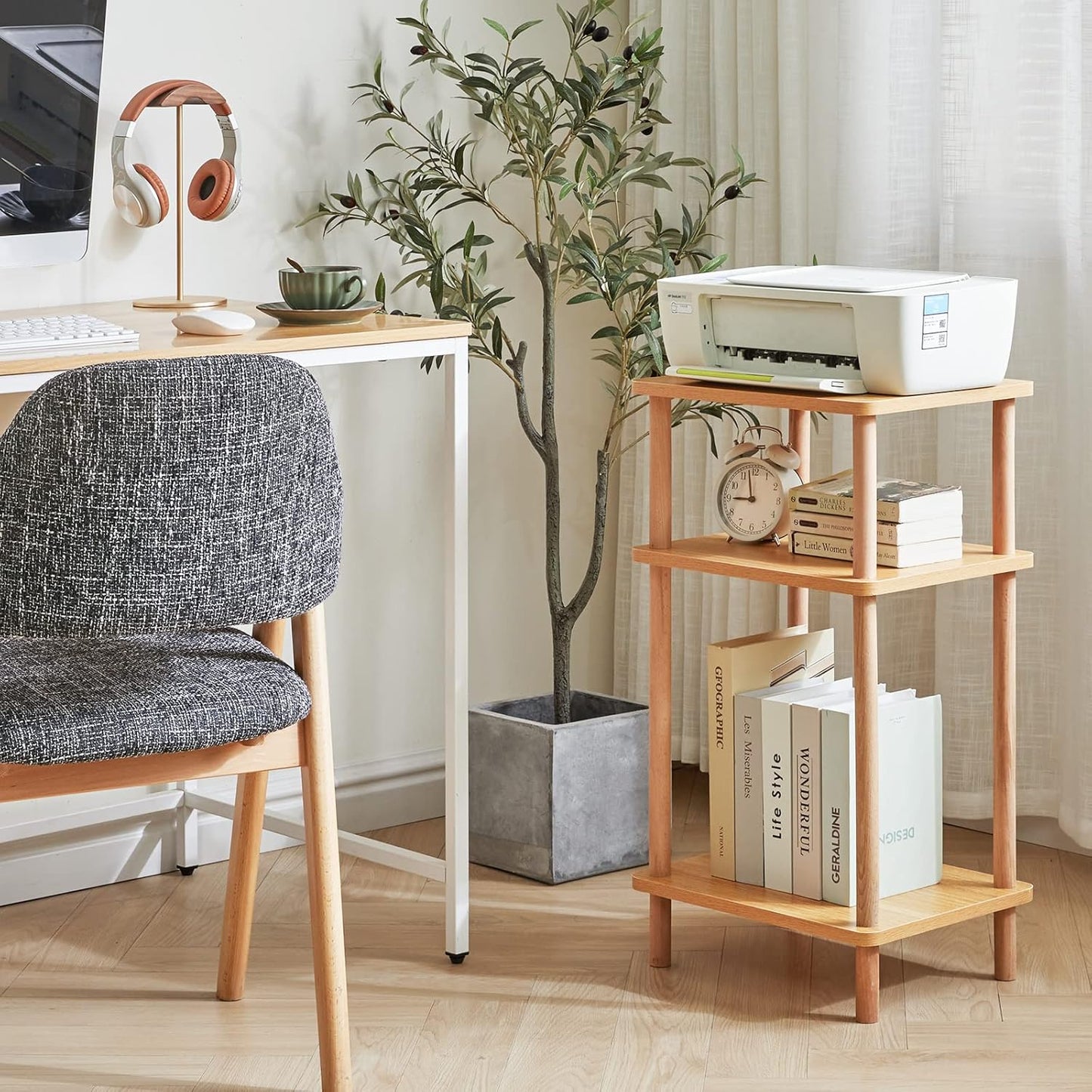 IBUYKE 3-Tier Side Table, Solid Wood Tall End Table with Storage Shelves, Nightstand Bedside Table for Living Room Bedroom Office, No-Tool Assembly, Natural UWST003N