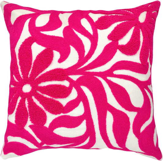 Alysheer Farmhouse Floral Leaves Embroidered Decorative Throw Pillow Cover 18x18 inches, Boho Tufted Flowers Embroidery Pattern Chic Cotton Cushion Case for Couch Bed Sofa Living Room(Bright Hot Pink)