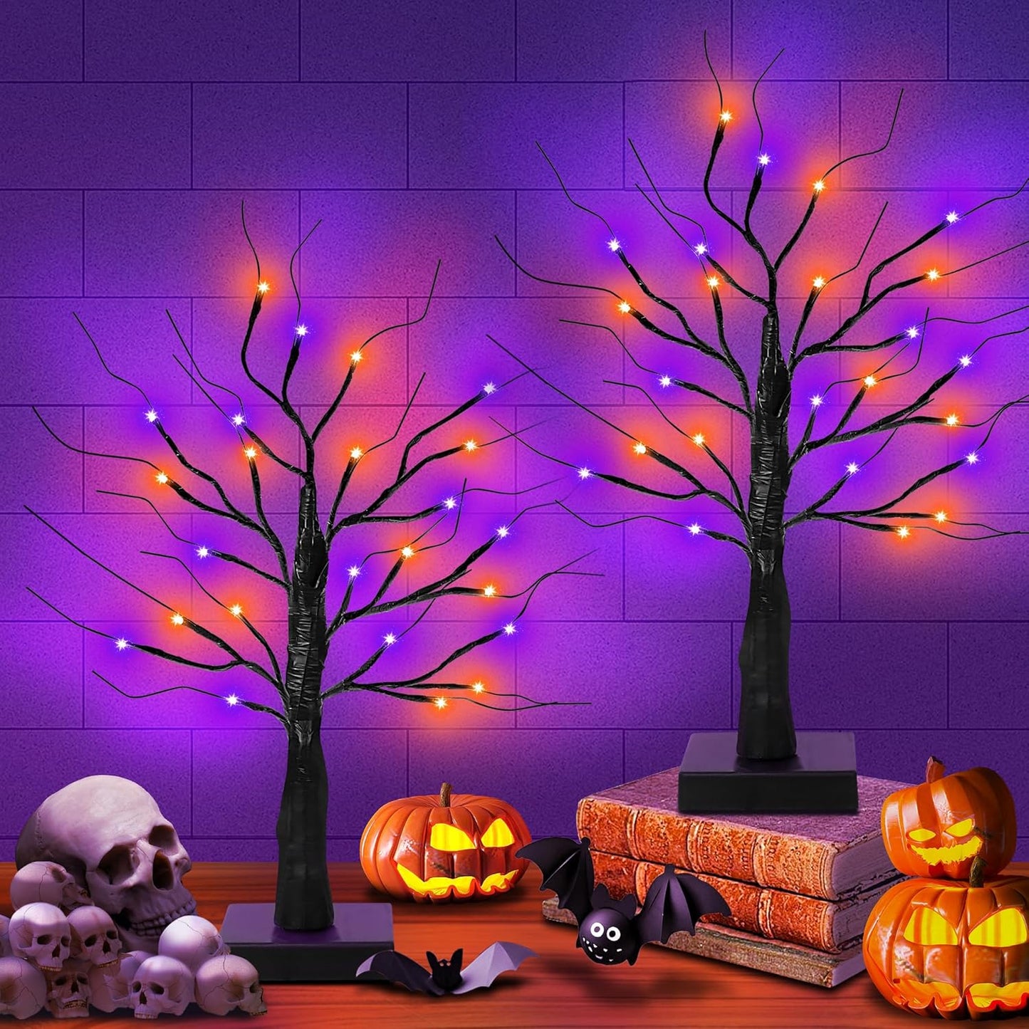 [Timer] 2 Pack 24 Inch Black Halloween Tree with Orange Purple Lights, USB/Battery Operated Light Up Halloween Table Decorations, Spooky Halloween Decorations Indoor Home Mantle Room Party Decor
