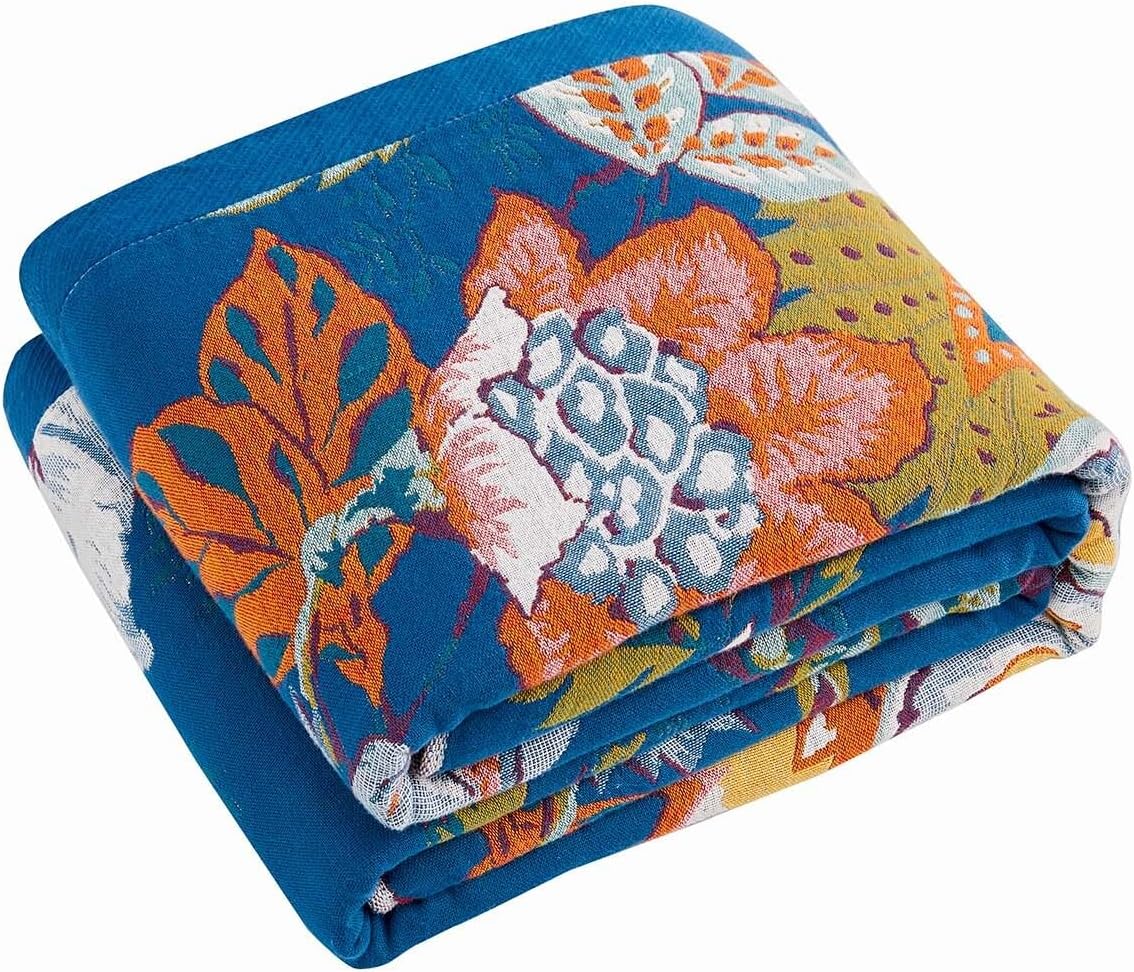 Boho Throw Blanket, Blue Lightweight Blankets for Summer, 100% Cotton Bohemian Decorative Throw Blanket, 50"x60" Reversible Muslin Breathable Woven Farmhouse Blankets Quilt,