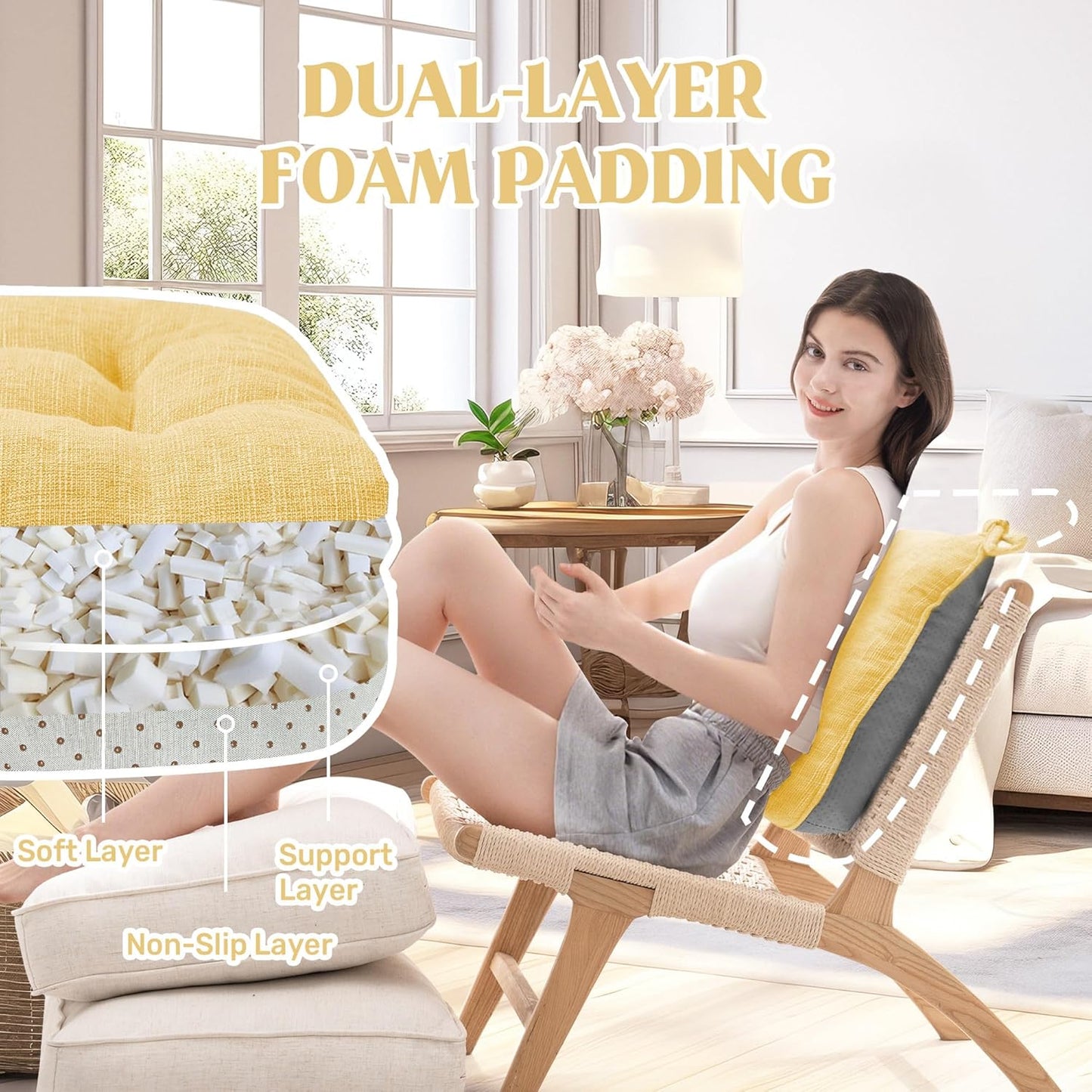 puredown® Chair Cushions for Dining Chairs, Tufted Memory Foam Chair Pads with Non-Slip Backing, Kitchen Seat Cushions with Ties, Washable Pads Set of 4, 15.5" x 15.5" x 4", Yellow