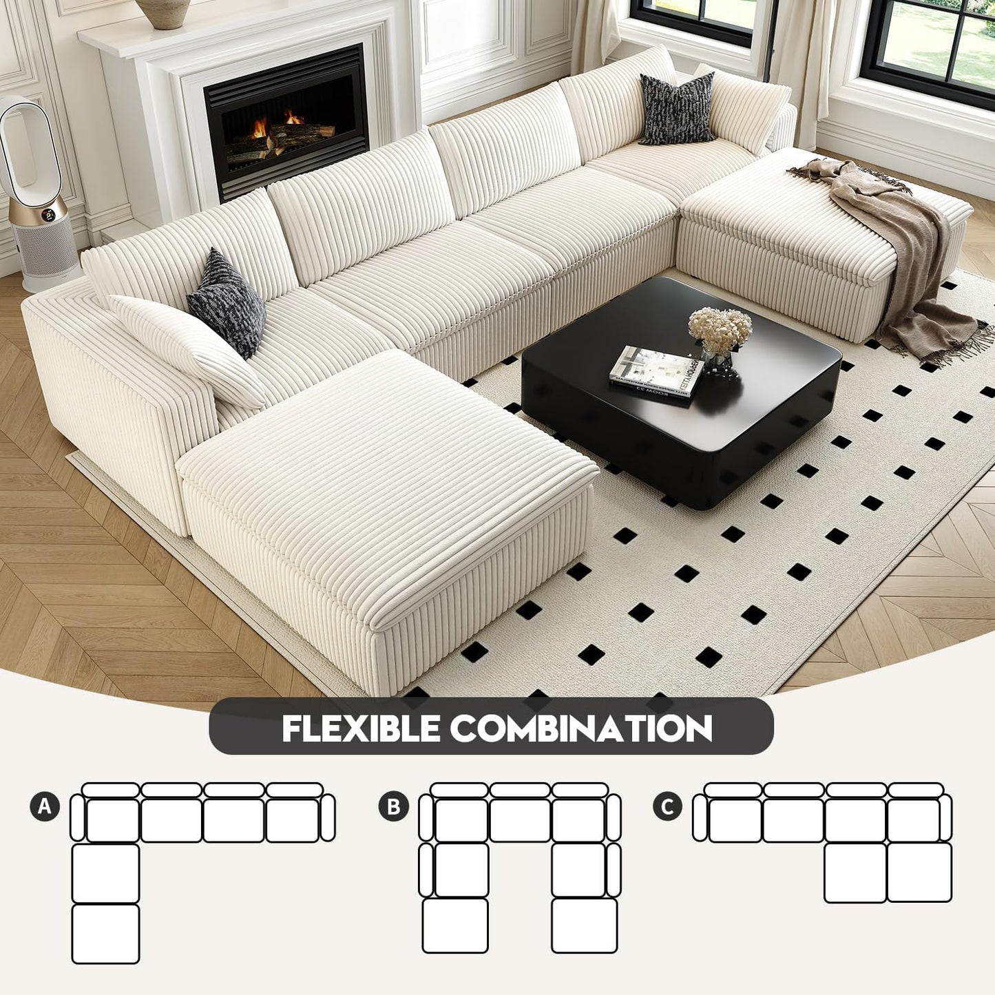 157.5" Cloud Couch Oversized Modular Sectional Sofa for Living Room,Modern Sofa with Deep Seat，U-Shape Boneless Couch with 2 Ottoman,Comfy Upholstered Couches for Apartment, Studio, Office,White