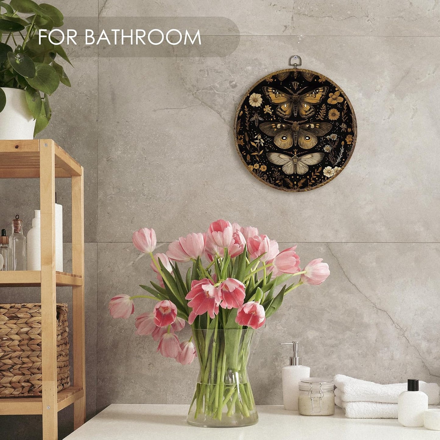 Fewgb Black Gothic Moth Round Wall Art Decor Framed for Gallery Bedroom Living Room Bathroom, Dark Witchy Butterfly Flower Canvas Wall Art Prints Picture, Moody Floral Hanging Room Decor Artwork 10x10