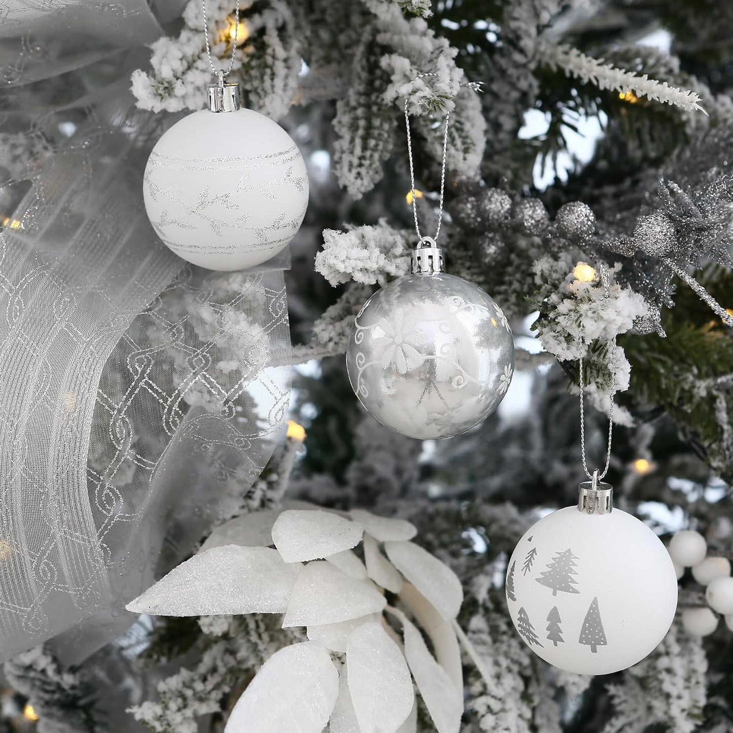 Sea Team 60mm/2.36" Delicate Contrast Color Theme Painting & Glittering Christmas Tree Pendants Decorative Hanging Christmas Baubles Balls Ornaments Set - 30 Pieces (Silver & White)