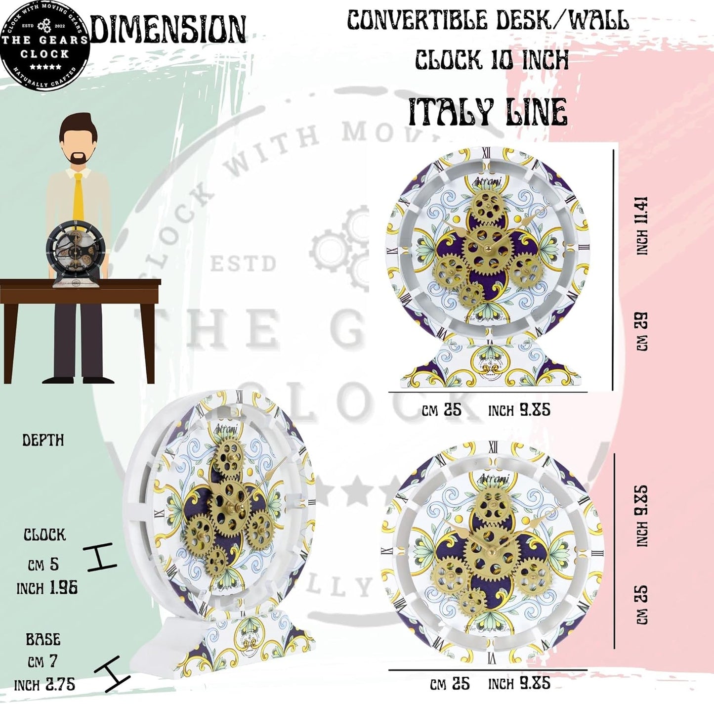 The Gears Clock Wall Clock Italy Collection with Moving Gears (Sorrento, 10 inch Round)