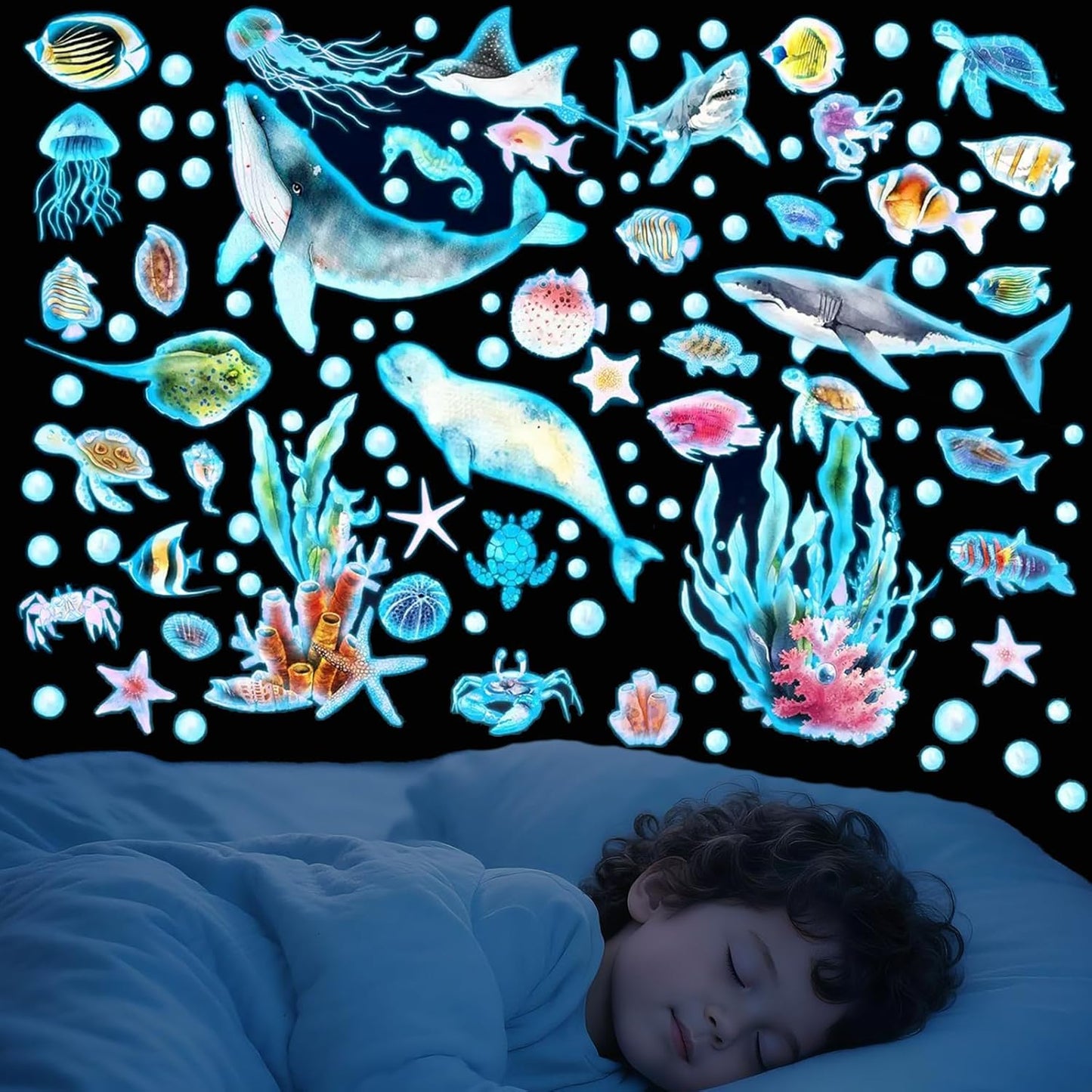 Glow in The Dark Ocean Wall Decals, 4 Sheets Underwater Sea Animal Stickers (Dolphin, Turtle, Jellyfish), Self-Adhesive Kids Bedroom Decor for Boys & Girls, Blue Glow Nursery Wall Art (7.8x11.8in)