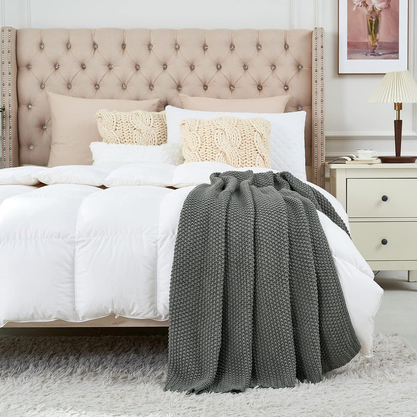 Longhui bedding Chunky Cable Knit Throw Blanket Lightweight Grey 100% Organic Cotton Blanket for Sofa Couch Bed Baby Nursery, Rustic Shabby Chic Modern Farmhouse, Gray 60” x 80” Give Laundering Bag