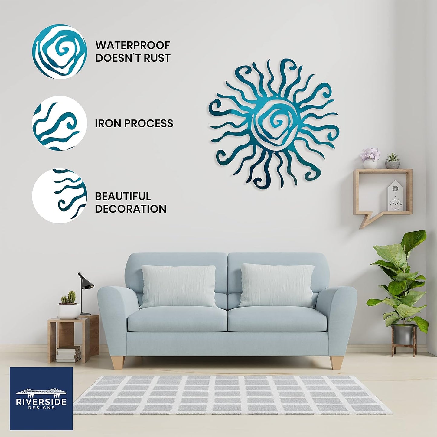 Riverside Designs Wacky Sun Metal Wall Art Indoor/Outdoor Decor - 12" Teal Rust Proof Wall Sculpture - Made in USA - Ideal for Bedroom, Garden, Home, Patio and Farmhouse