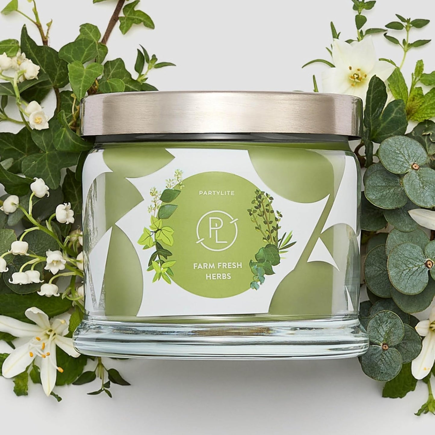 PartyLite Farm Fresh Herbs Scented, Notes of Eucalyptus, Thyme, Garden Mint, Cedarwood & Patchouli, 13.2oz 3-Wick Jar Candle, 45 Hour Burn Time, Luxurious Fragrance, Ideal for Gifting