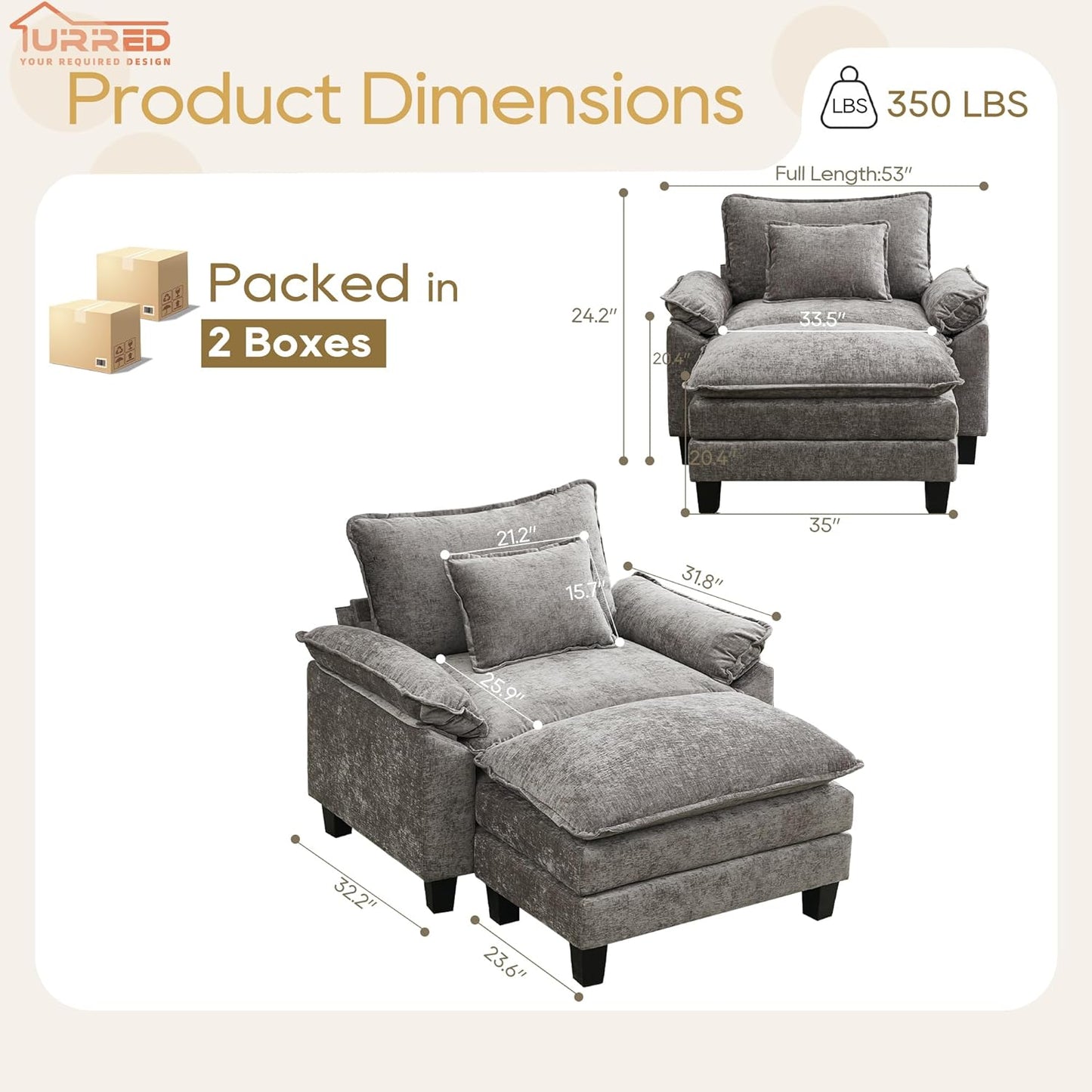 URRED Modular Sectional Sofa Comfy Cloud Couch, Modern Chenille Sofa Sleeper Deep Seat Couches with Ottoman/Pillows for Living Room (Gray, 53''- Ottoman)