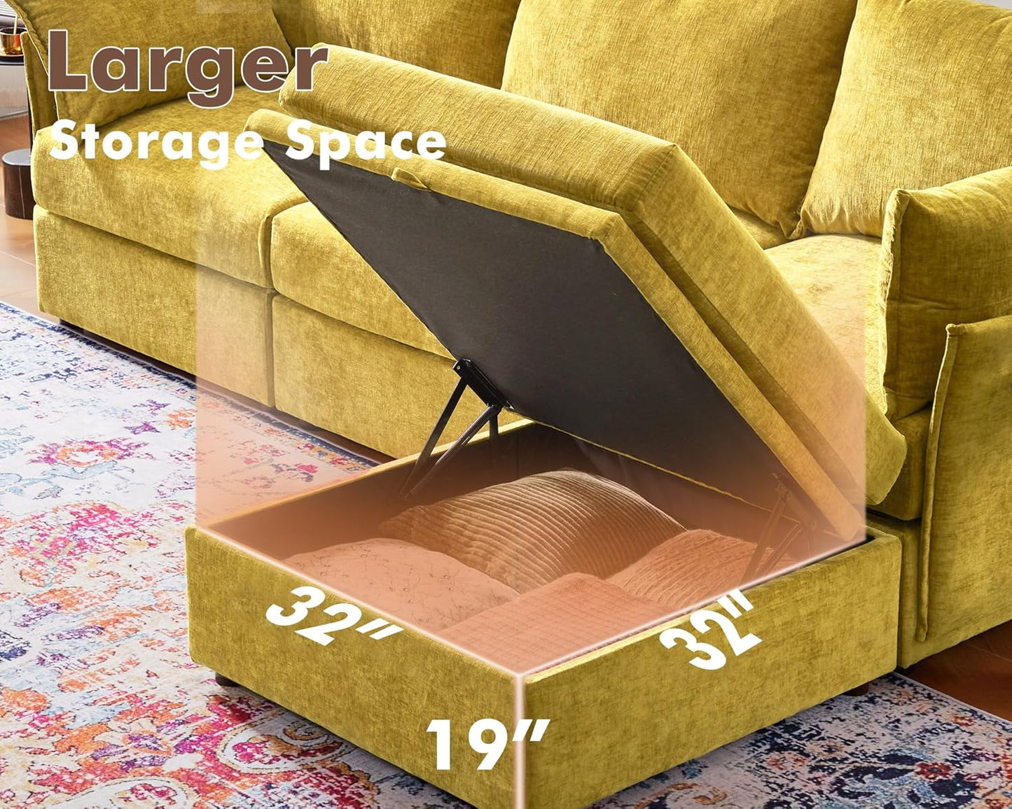 134.6" Luxury Modular Sectional Convertible Sofa with Storage Ottoman, L-Shape 5-Seat Oversized Comfy Couch Deep Seat with Reversible Chaise - Chenille Yellow