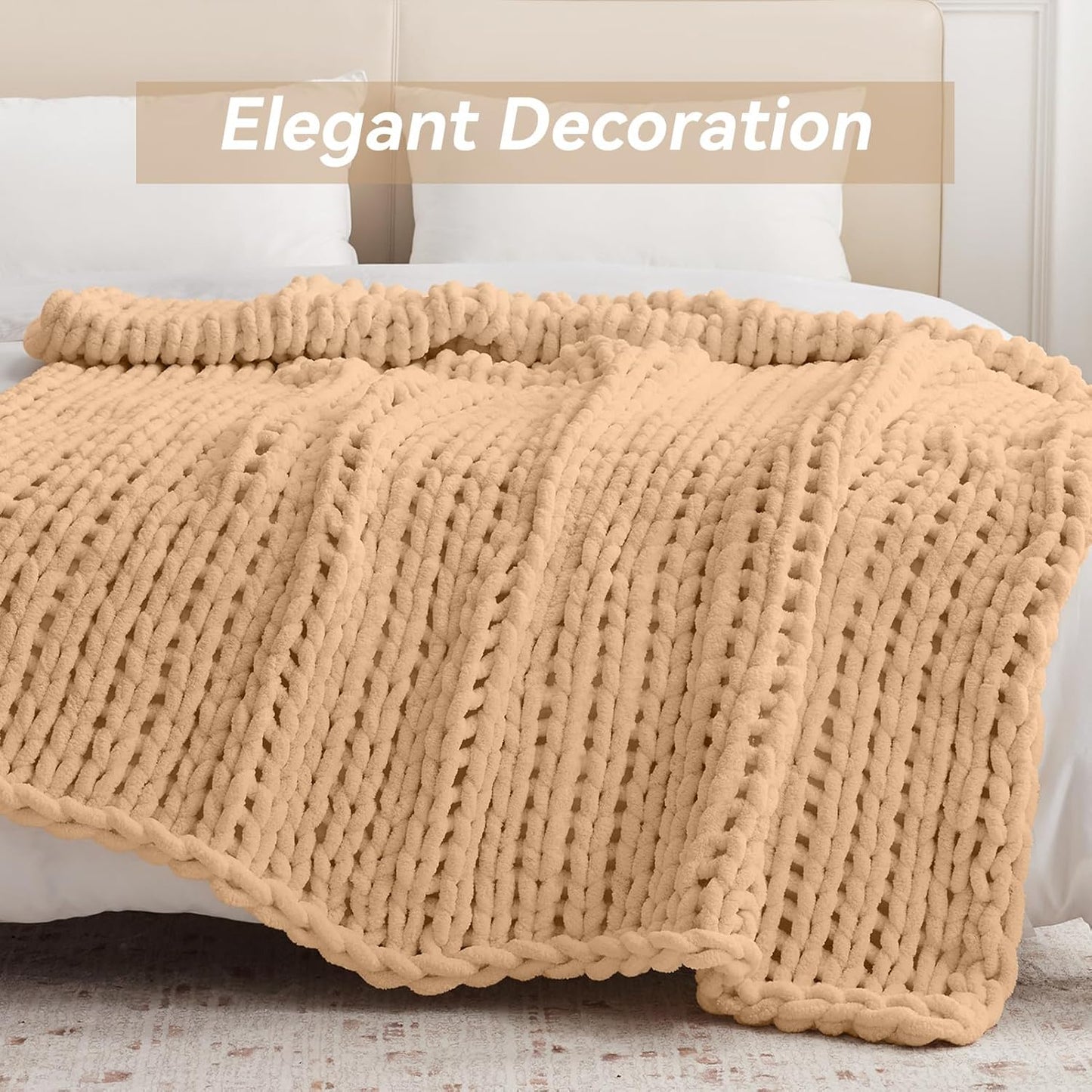Chunky Knit Throw Blanket, 40''*50'' Knitted Throw Chenille Yarn for Bed Couch, Handmade Beige Crochet Big Thick Blanket, Machine Washable Cute Comfy Blanket for Home Decor