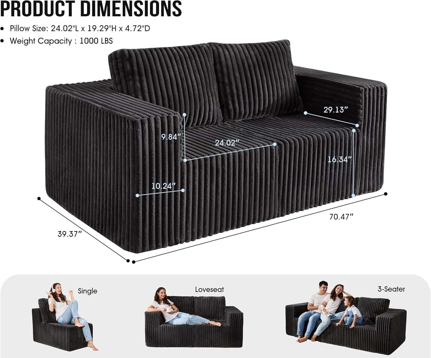 Modular Sectional Sofa 2 Seater Loveseat Modular Couch with Deep Seat Memory Foam Cloud Chair with Pillows Oversized Sectional Sofa for Living Room Bedroom (Strip Grey, Loveseat)