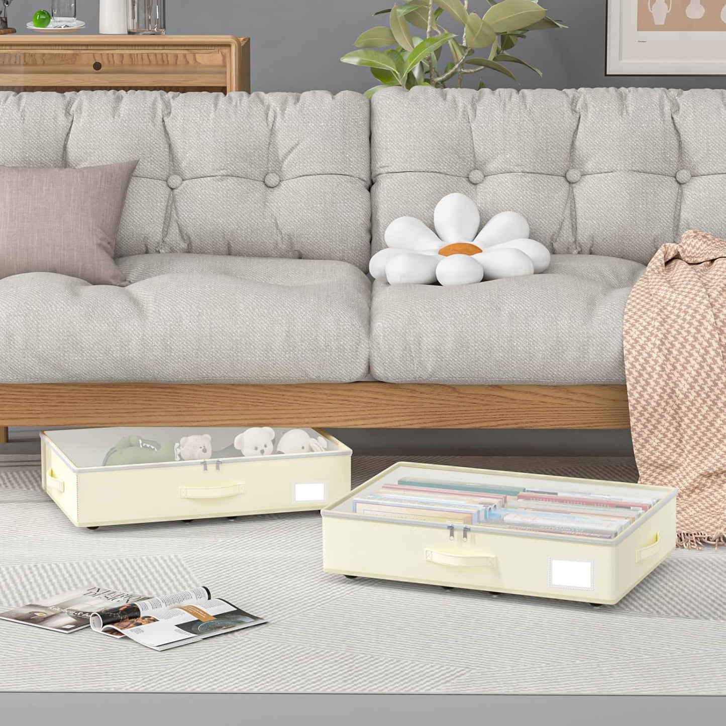 Under Bed Storage with Wheels, No Assemble Required 5.5 inches height beige under bed storage bins,Low Profile Rolling Under bed Shoe Storage containers，dorm under bed storage drawers