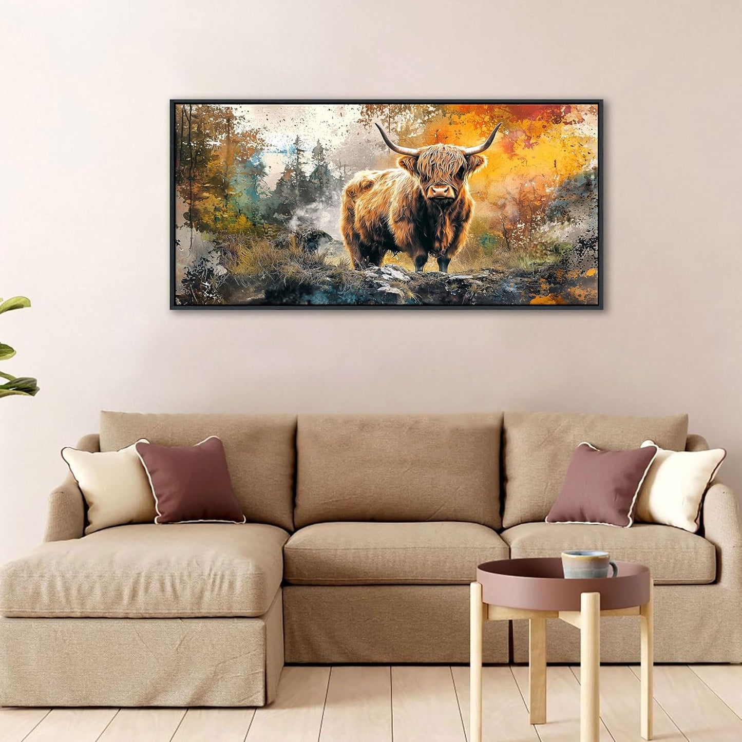 QZQCBLC Highland Cow Wall Art, Vintage Country Style Abstract Landscape Pictures Animal Cattle Canvas Print Framed Paintings Artwork for Living room Bathroom Bedroom Home Office Decor 20x40 IN