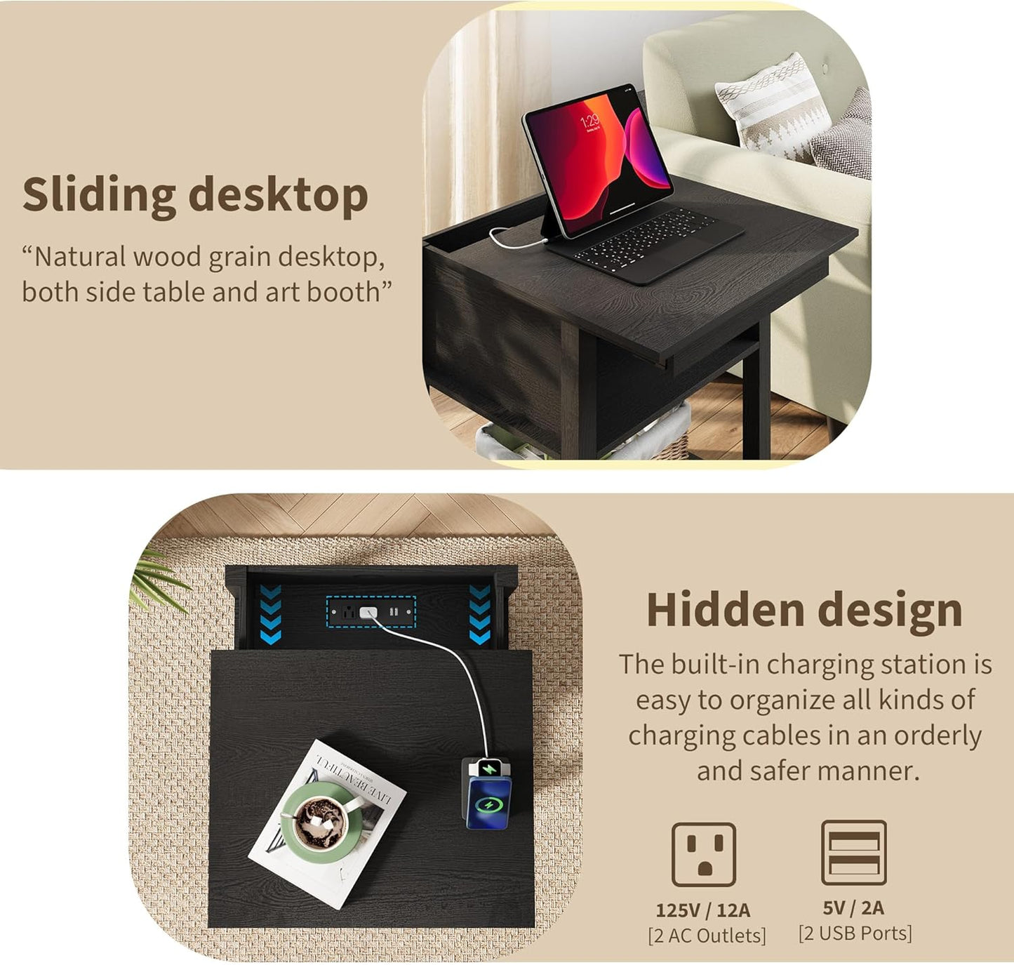 Rresyet Sliding Side Table Set of 2 with Charging Station & 2-Tier Storage,Farmhouse End Table, Wooden Nightstand for Bedroom & Living Room,White (Black)