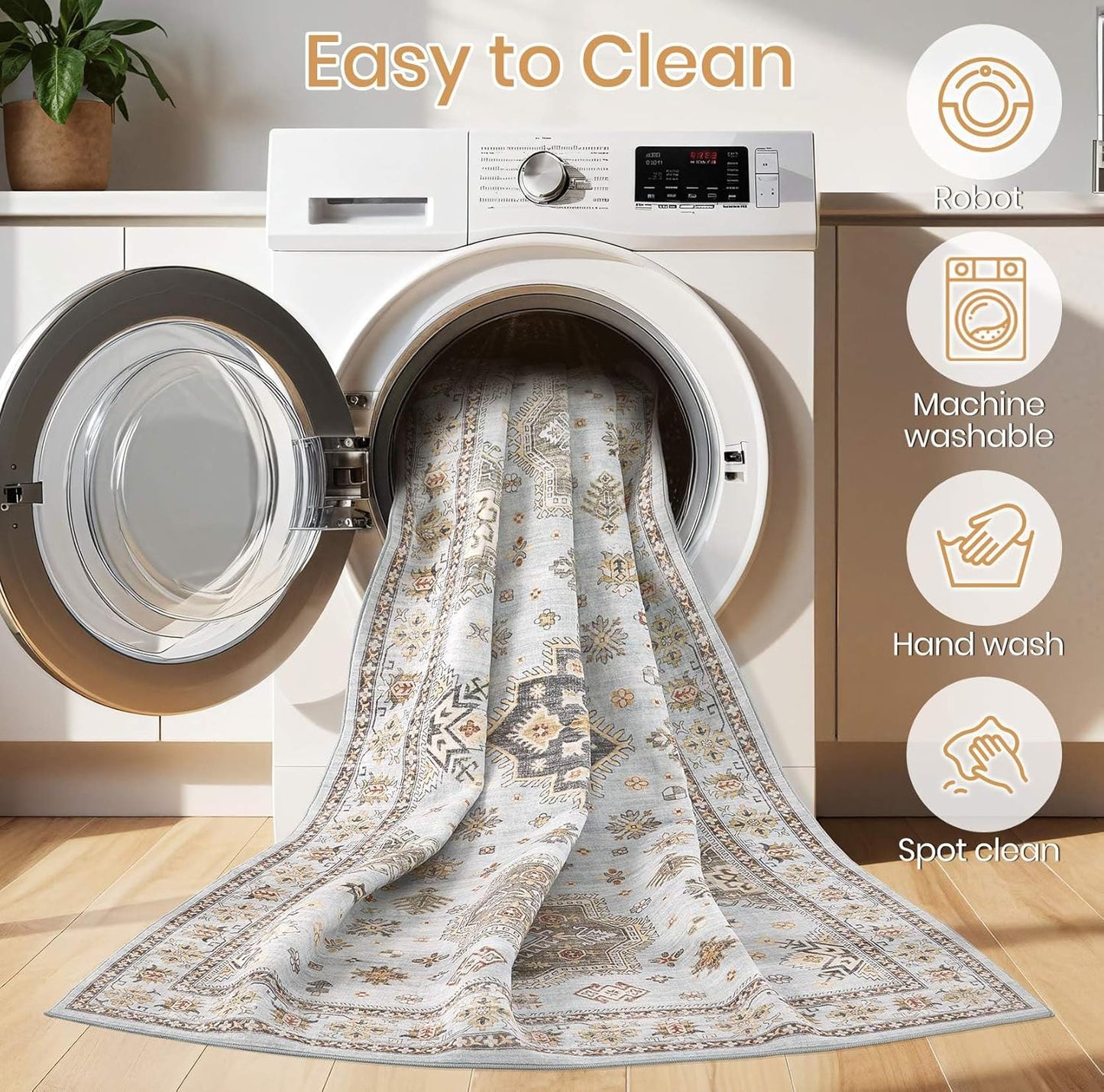 Washable Area Rugs for Living Room -8x10 Neutral Vintage Distressed Floral Farmhouse Boho Large Soft Floor Rug Indoor Non Slip Carpet for Living Room Bedroom Dining Room Office -Blue Brown