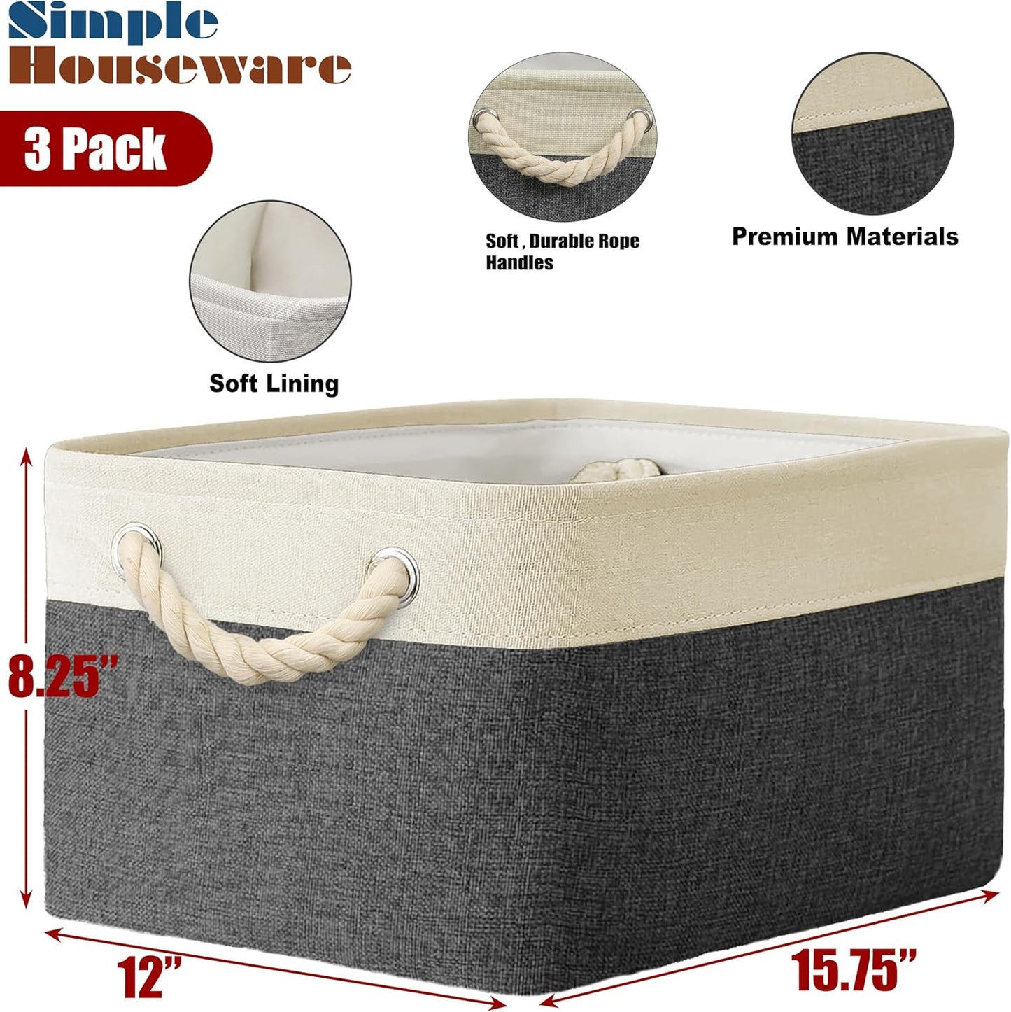 SIMPLE HOUSEWARE Large Fabric Storage Bin, 15.7" x 12" with Braided Handles, 3 Pack, Dark Gray