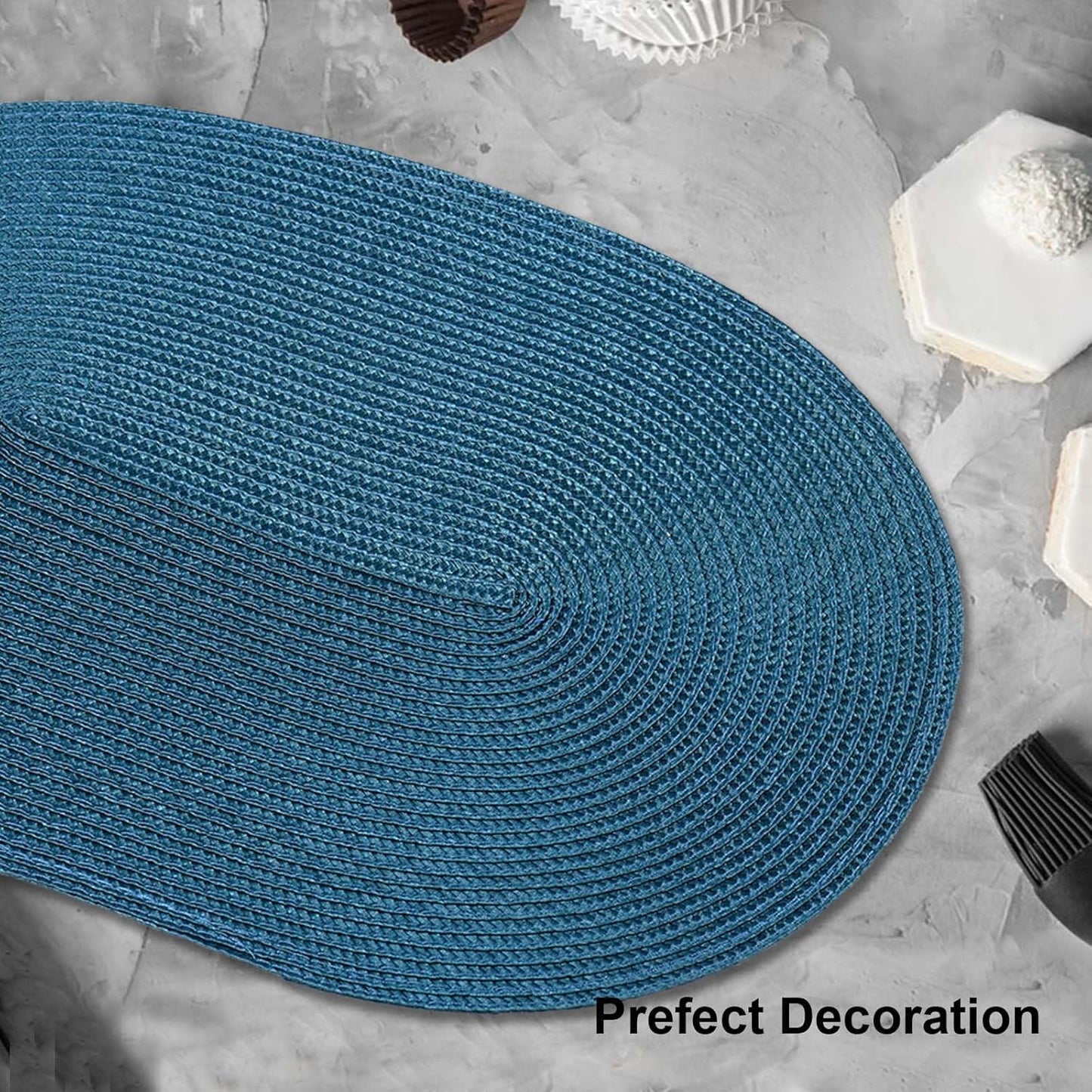 AHHFSMEI Placemats Set of 6 for Dining Table Washable Woven Vinyl Non-Slip 18x12 inches Placemat Heat-Resistant Durable Table Mats for Dining Table Easy to Clean (Oval Blue, 6)