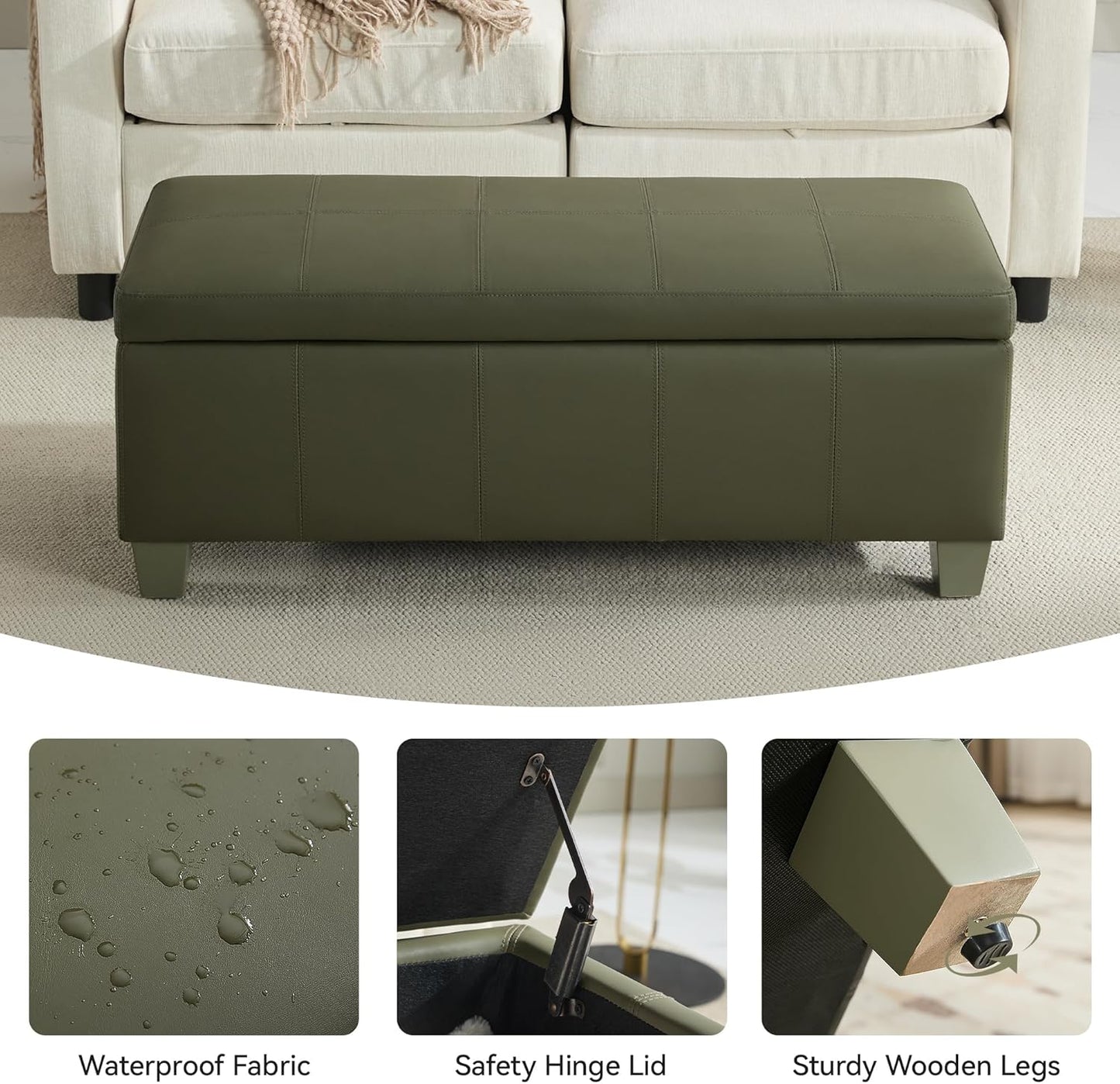 41" Faux Leather Storage Ottoman, Stitch Tufted Rectangle Upholstered End of Bed Storage Bench, Entryway Large Couch Ottoman with Wooden Legs,Green