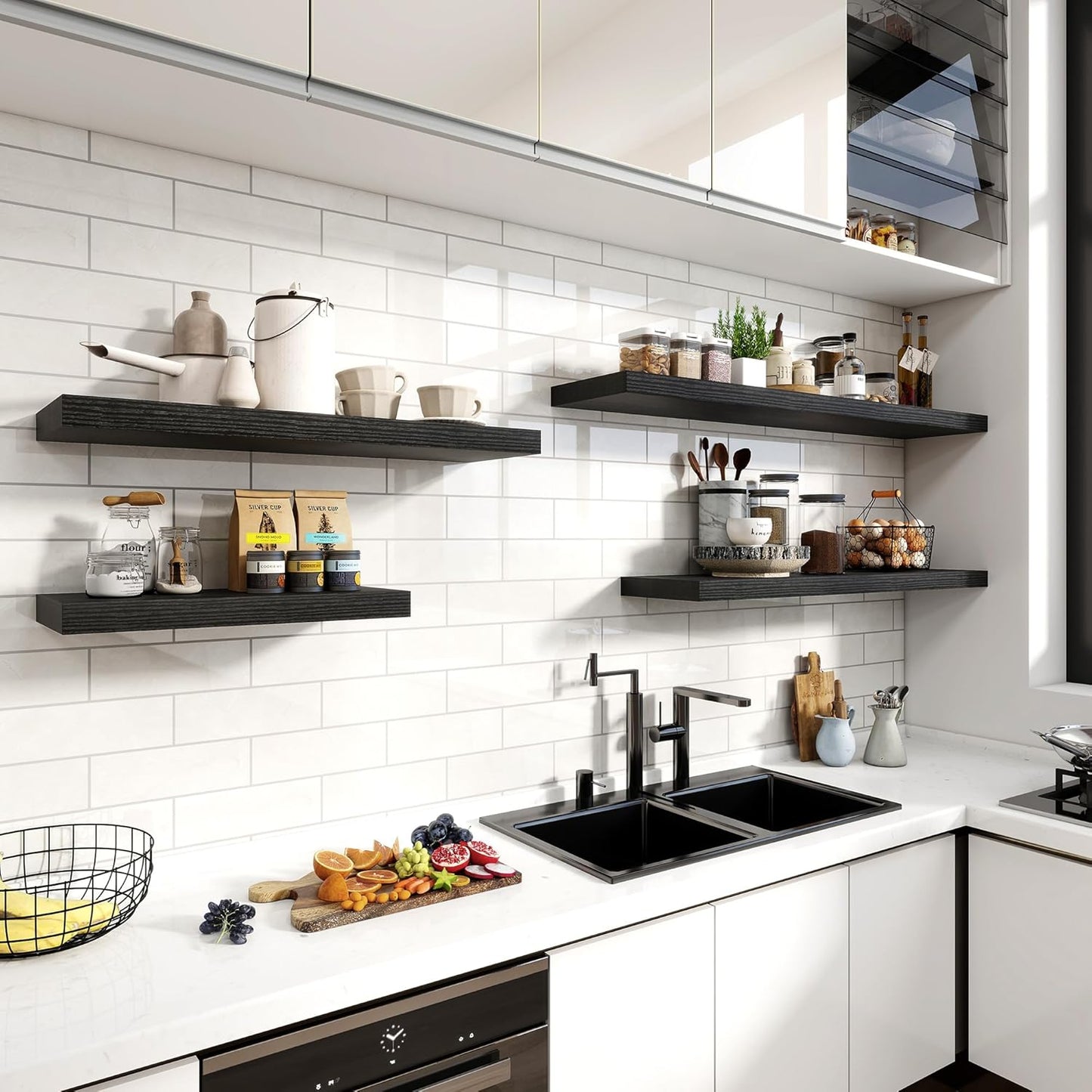 24 Inch Floating Shelves, 11.6 Inch Deep Floating Shelves for Wall, Floating Shelf with Invisible Brackets, Deep Shelves for Bathroom, Bedroom, Living Room, 2 Pack, Black