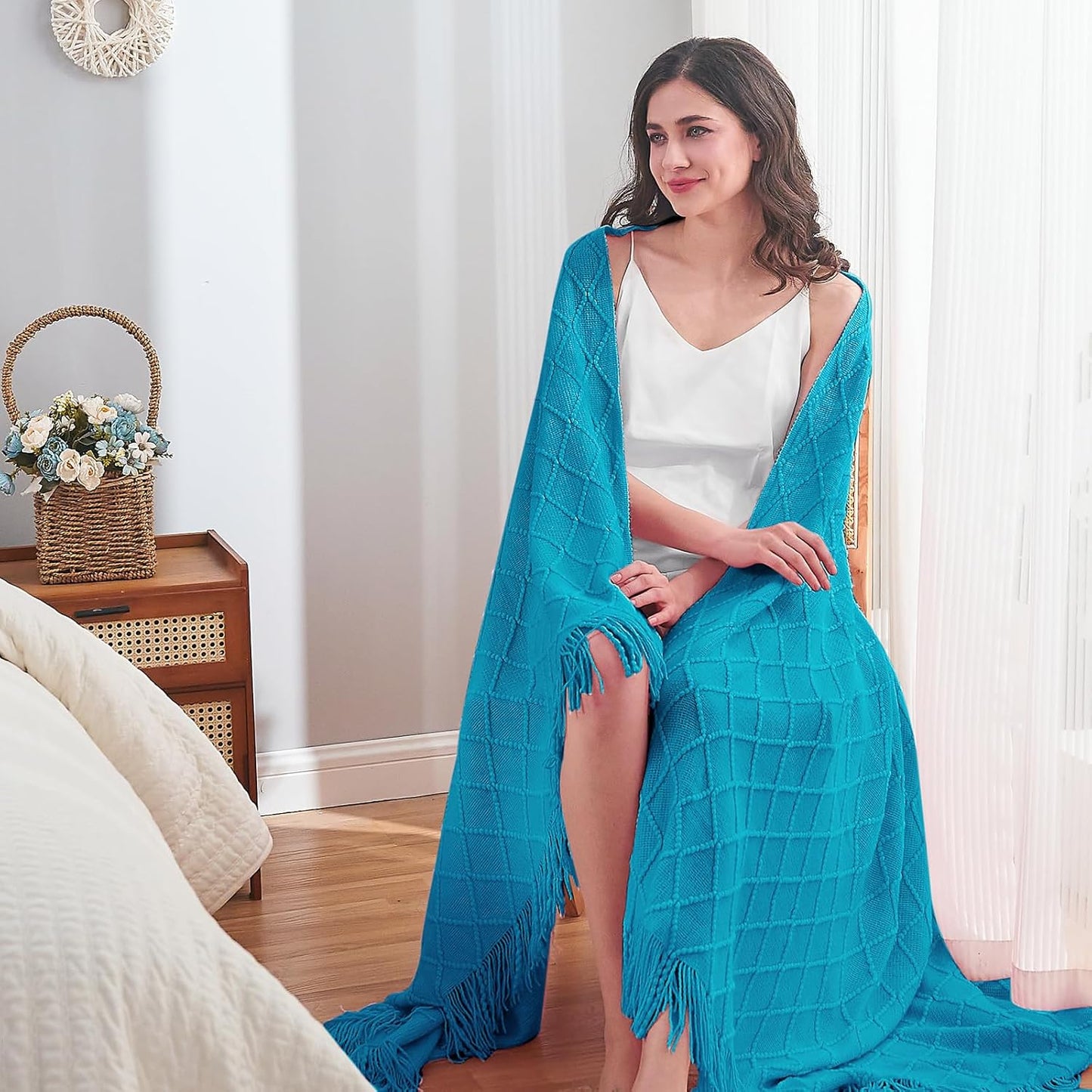 inhand Teal Throw Blanket for Couch and Bed, Soft Living Room Home Decor Knitted Twin Size Blanket, Outdoor Lightweight Breathable Summer Blanket, Farmhouse Warm Woven Decorative, 60"x80"