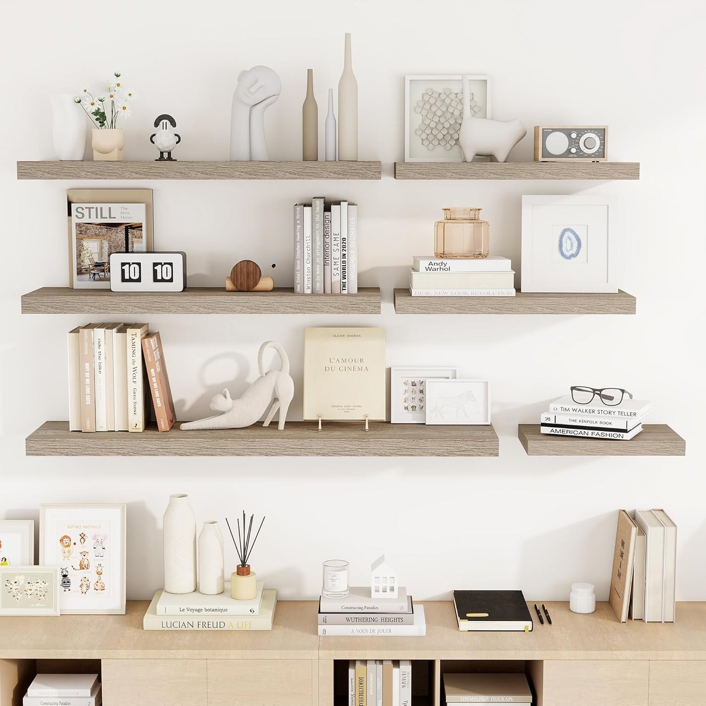 24 Inch Floating Shelves, 3D Textured Wood Grain, 24"x9.25"x1.5" Inch Deep Floating Shelves for Wall, Wooden Shelves for Bathroom, Bedroom, Living Room, Vintage Gray Oak