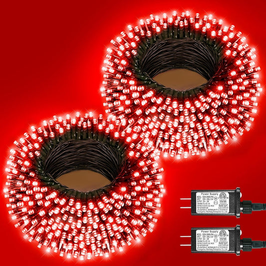 2 Pack Christmas Lights Outdoor, Total 200FT 600LED Christmas String Lights with 8 Modes Waterproof, Green Wire Twinkle Tree Lights for Indoor Room Patio Yard Xmas Party Decorations, Red