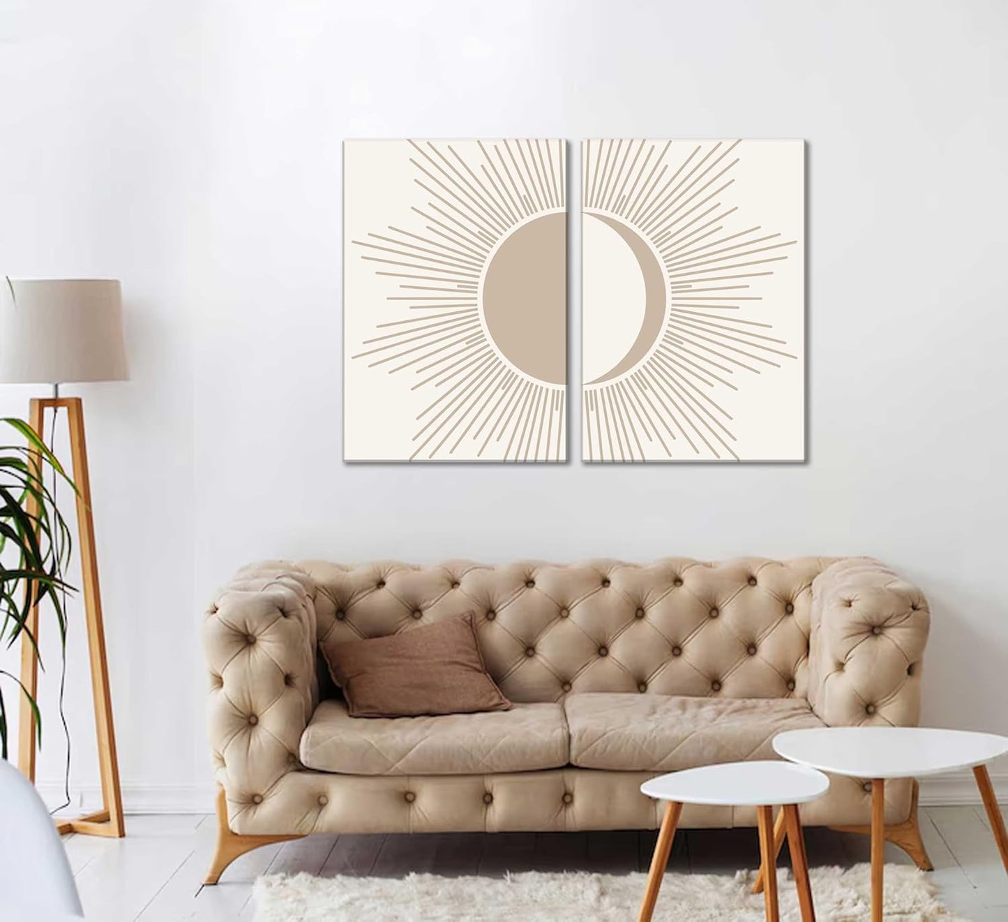2Pcs Minimalism Boho Canvas Wall art Mid Century Modern Beige and White Sun and Moon Geometric Abstract Painting Pictures Wall Decor Posters Print Artwork for Bedroom Living Room Decoration
