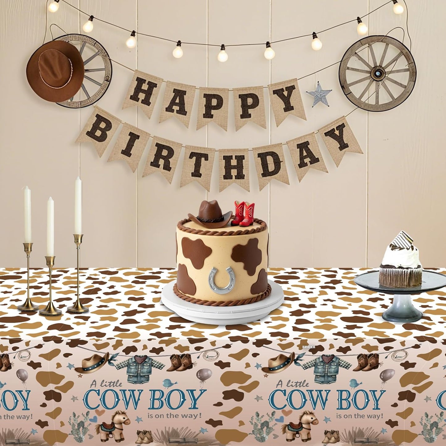 ATFUNSHOP Cowboy Baby Shower Tablecloth 4 Pack 54X108 A Little Cowboy is On The Way Western Theme Table Cover, Rustic Baby Boy Rodeo Party Decorations