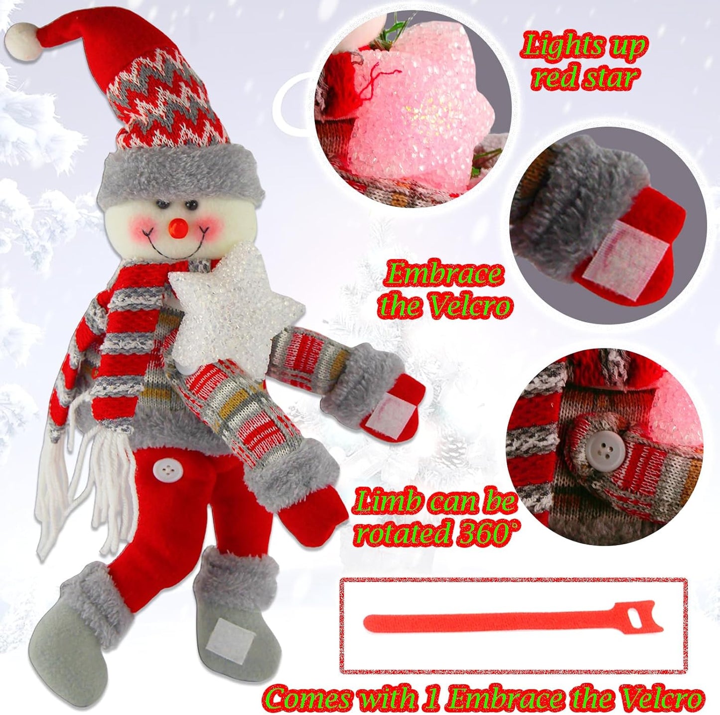 Christmas Plush Snowman Tree Topper with Lighted Red Star,Xmas Treetop Ornament-Also Be Used As Home Curtain Tie and Hugger Wine Bottle Party Decorations