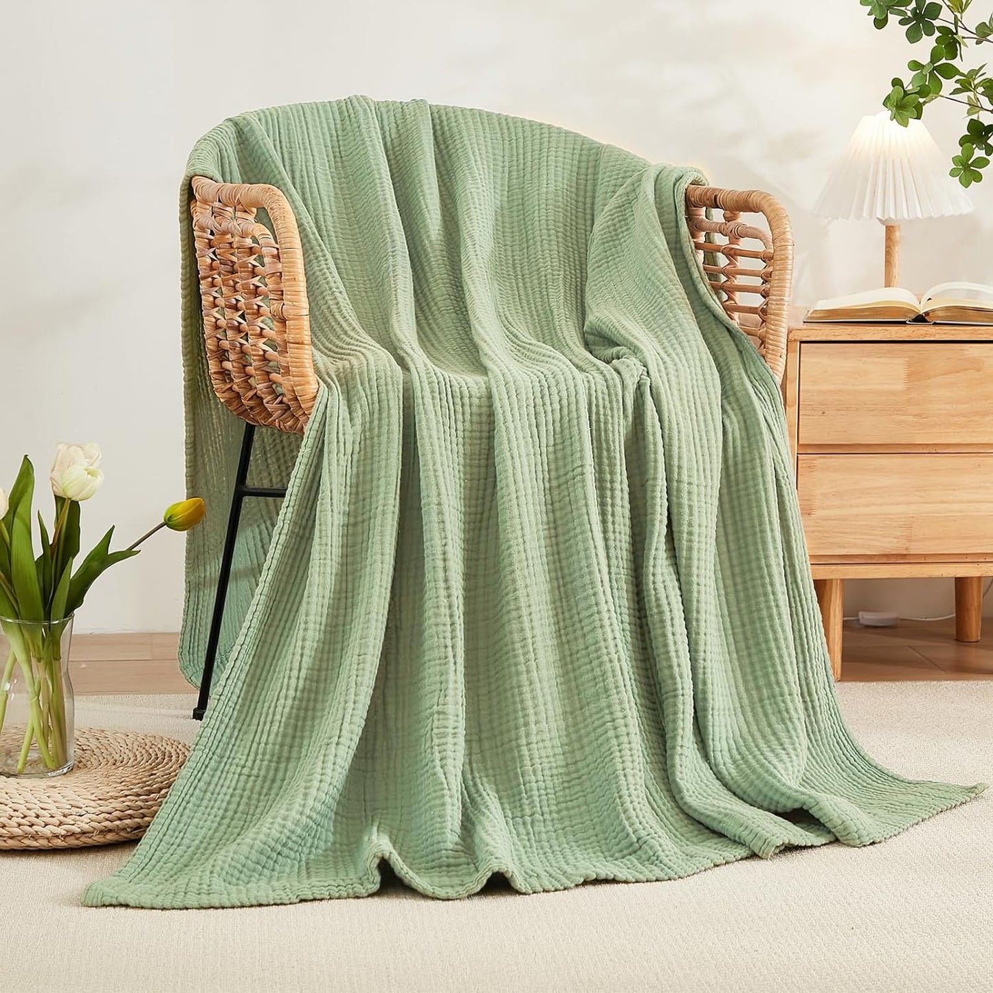 EMME Cotton Muslin Blanket King Size - Soft, Breathable Layering Blanket, 108"x90", All Season Gauze, Sage Green