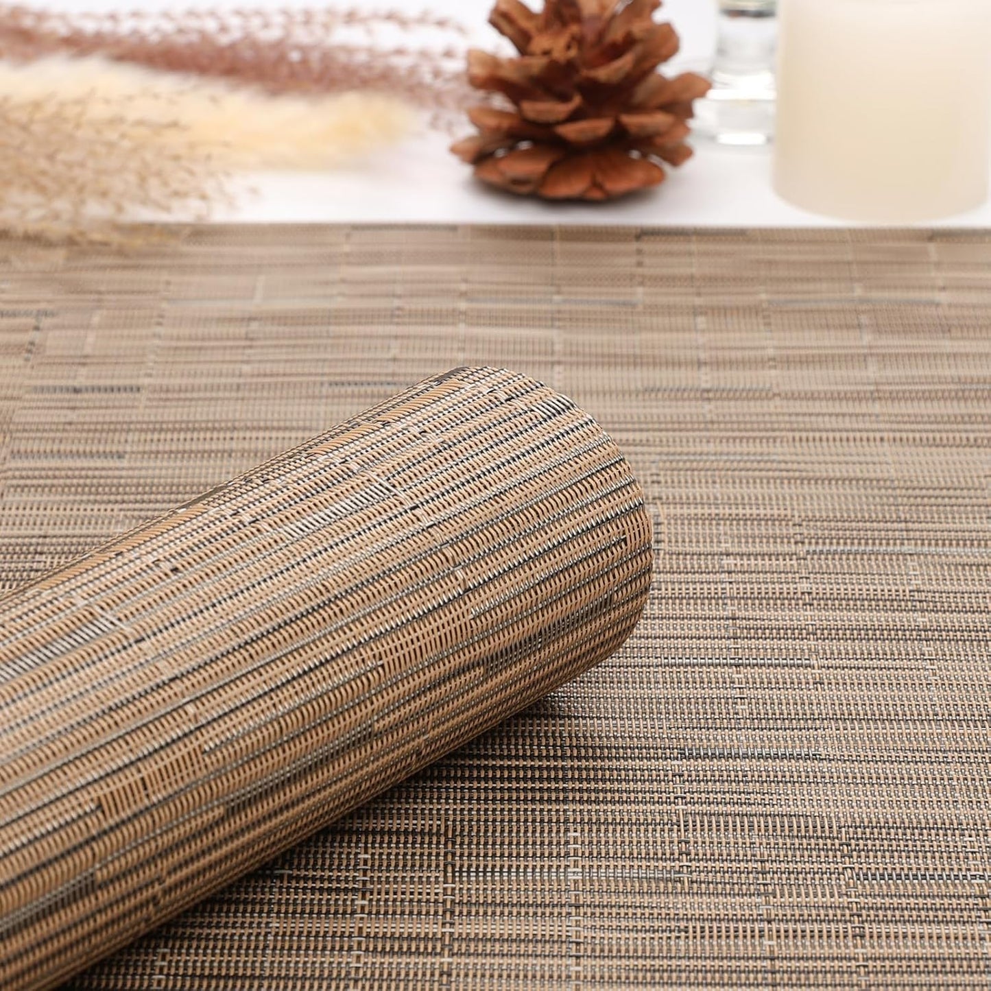 Myir JUN Placemats Set of 6, Vinyl Woven Placemats Place Mats Indoor Washable Table Mats Non-Slip Place mats for Dining Table (Light Brown, Set of 6)