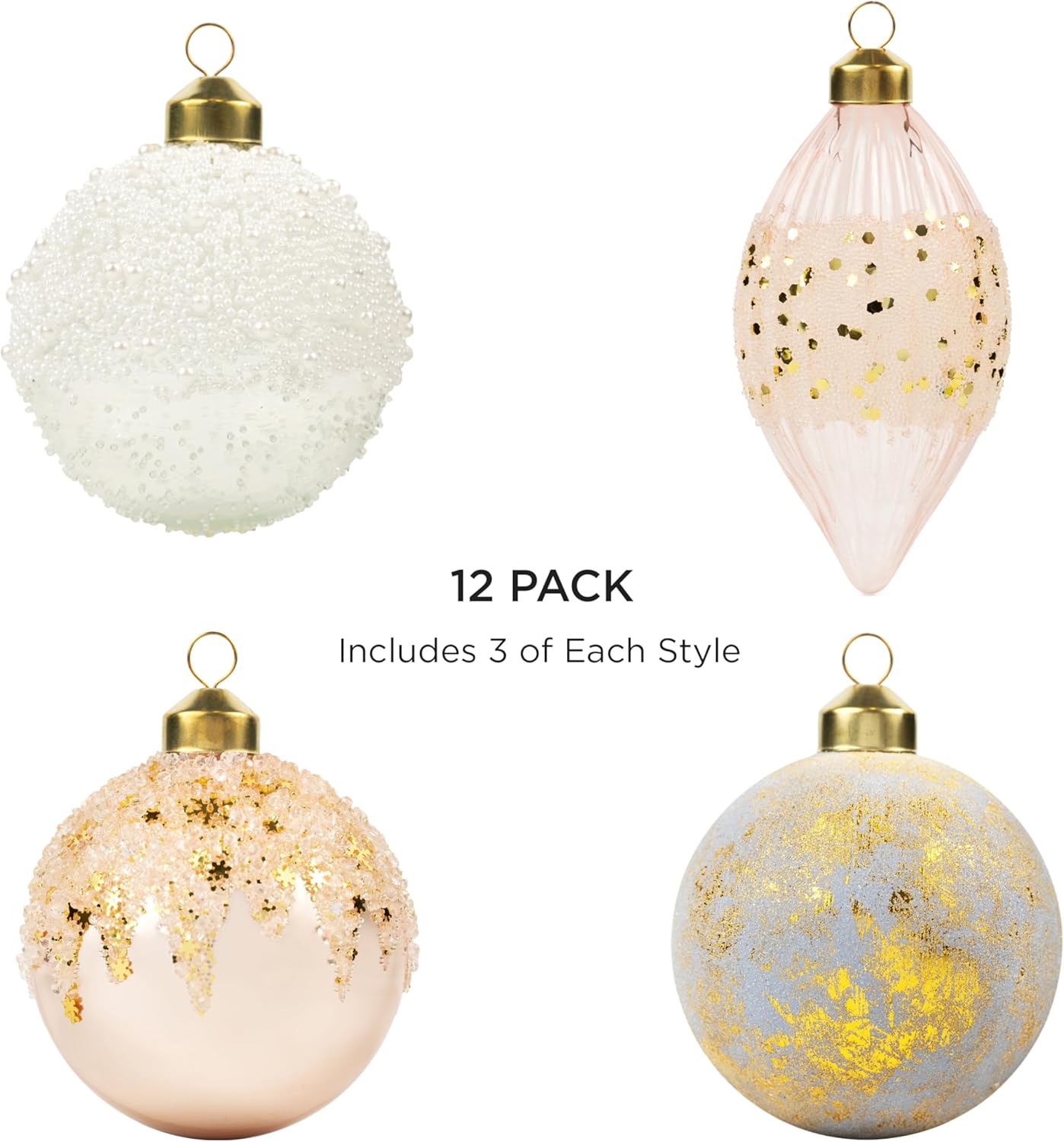 Papyrus 12 Piece Soft Snow Glass Ornament Set, 3.15" Dia, 4 Styles Equally Assorted