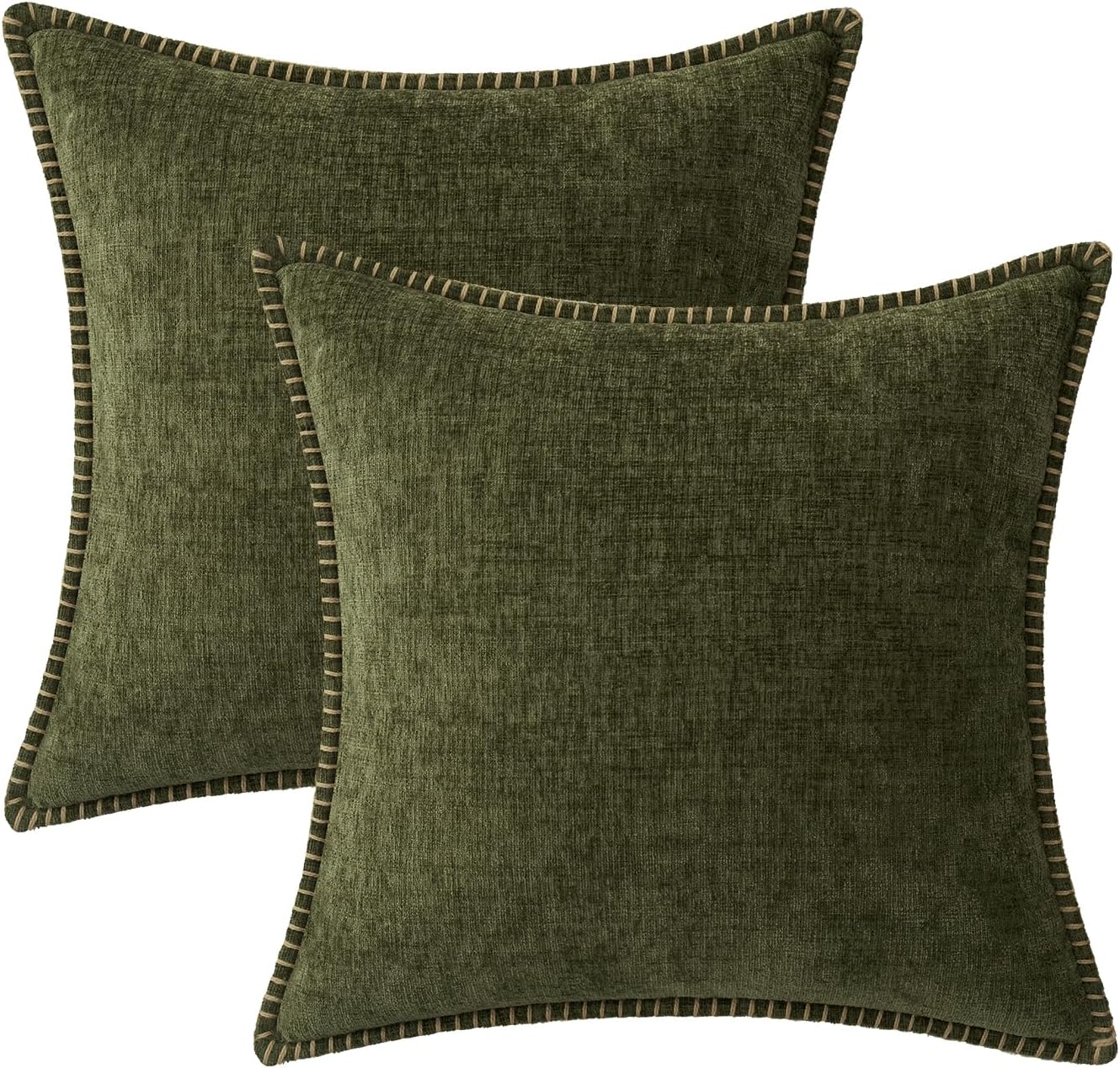 MIULEE Pack of 2 Couch Throw Pillow Covers 18x18 Inch Olive Green Farmhouse Decorative Pillow Covers with Stitched Edge Soft Chenille Solid Dyed Spring Pillow Covers for Sofa Bed Living Room