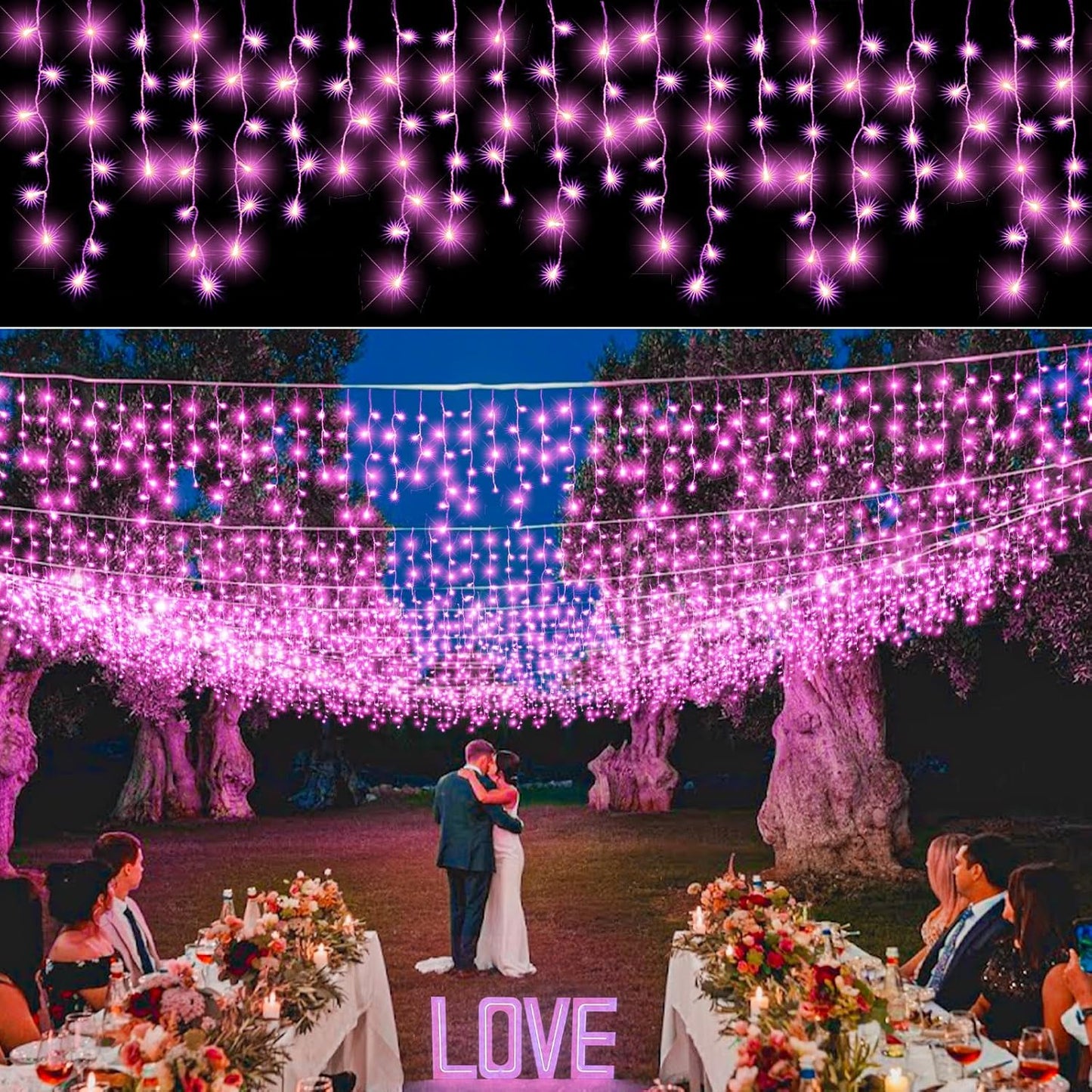 Icicle Lights for Outside, 33FT 400 LED Christmas Lights Outdoor Indoor with 8 Modes 75 Drops, Waterproof Plug in Curtain Twinkle String Light for Home Roof Yard Window Patry Wedding Decor, Pink