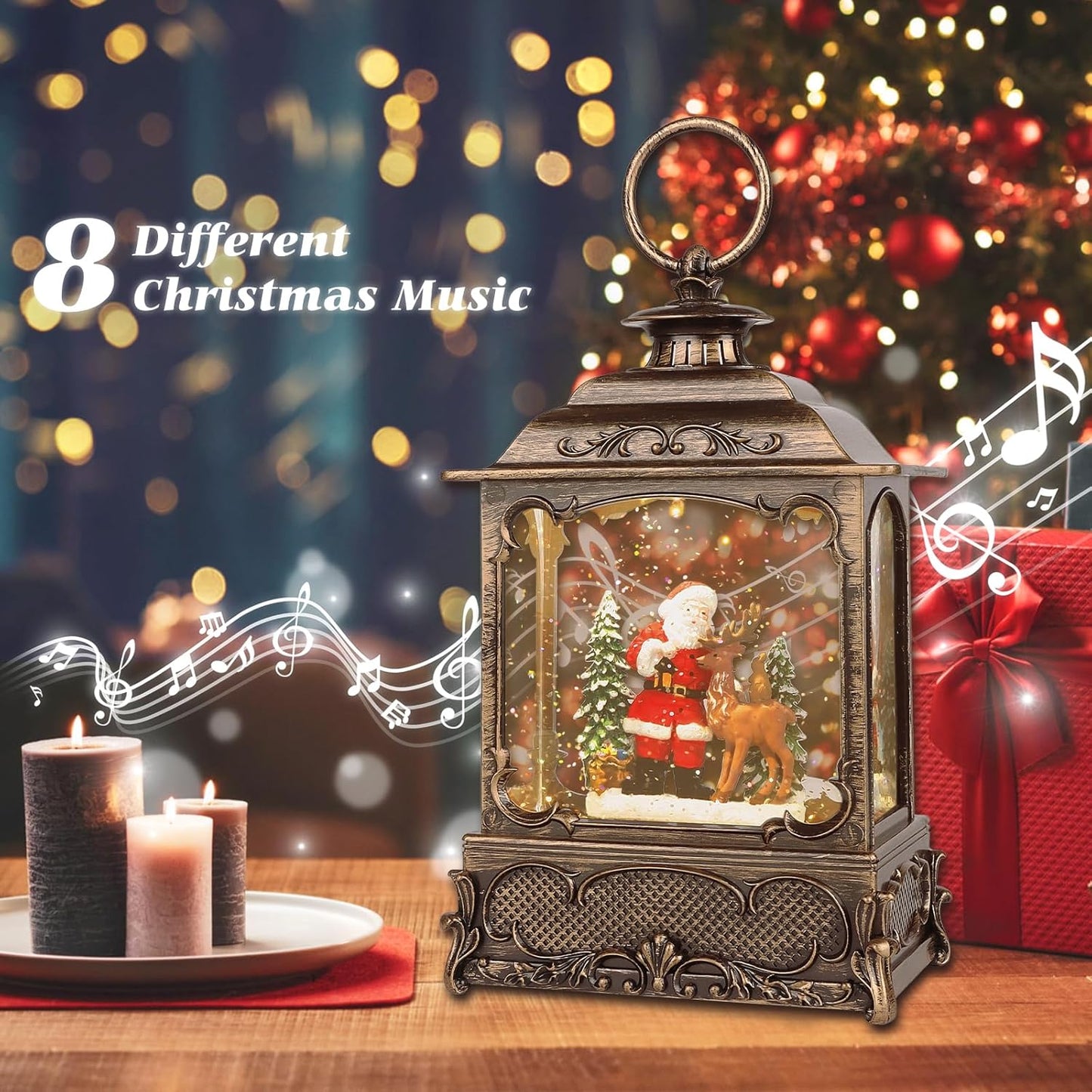 Christmas Snow Globes,Christmas Decorations for Home,with 6 Hour Timer,Musical Snow Globe,Battery Or USB Powered,Christmas Lantern,Christmas Festival Decor, Santas Reindeer