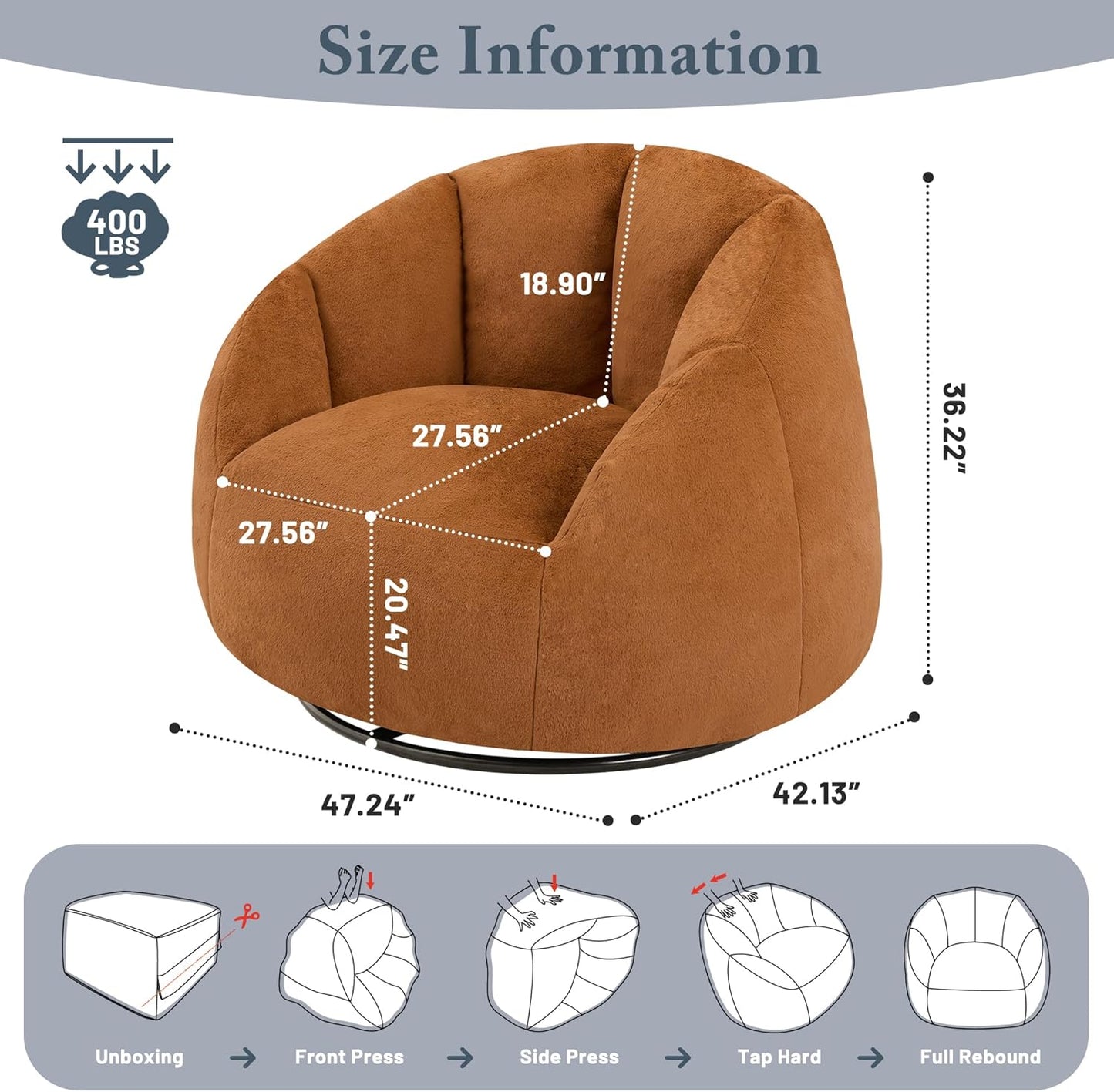 Giant Bean Bag Swivel Chair for Adults - Comfy Plush Round Shell Soft Accent Chair, Oversized Cozy Floor Sofa for Living Room, Bedroom & Game Rooms, Orange