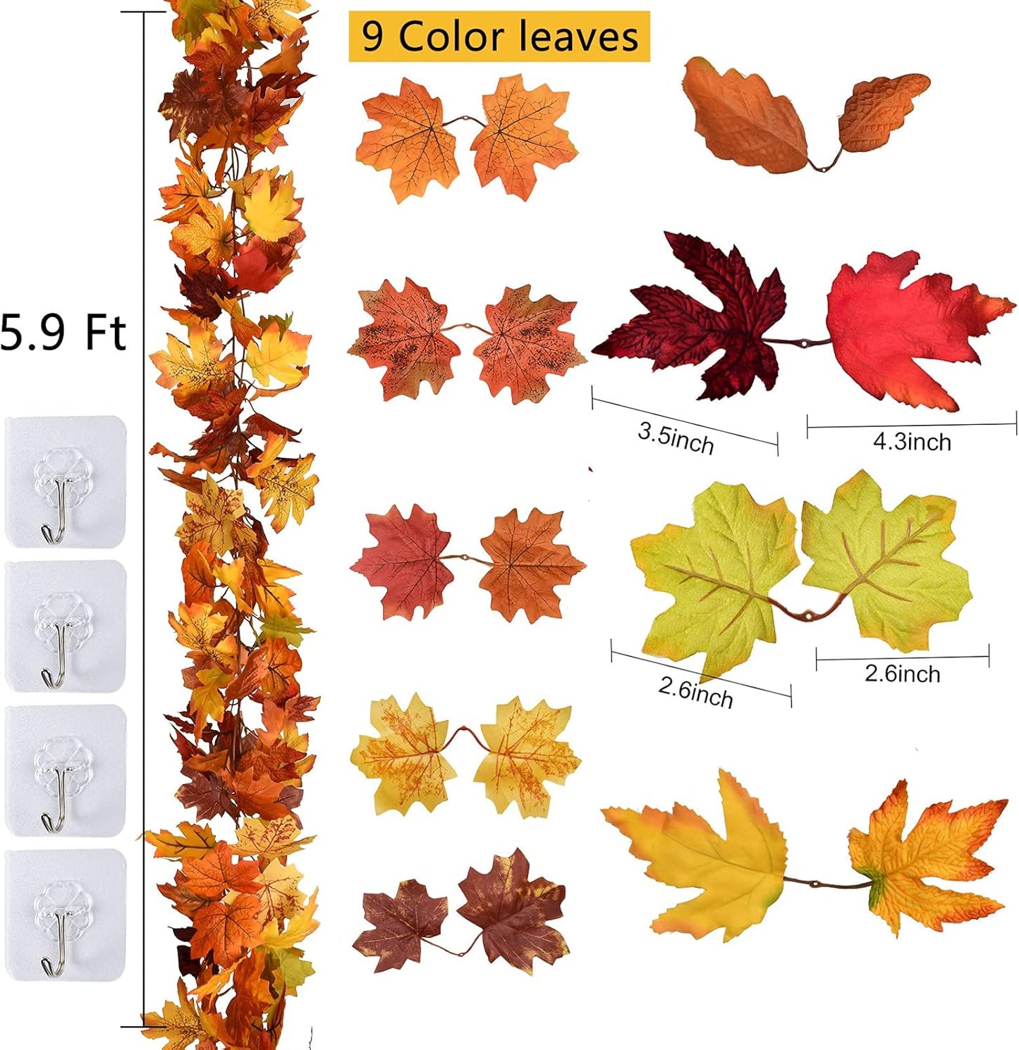 DearHouse 2 Pack Fall Maple Leaf Hanging Vine Garland Artificial Autumn Foliage Thanksgiving Decor for Home Wedding Fireplace Party Christmas (Light Yellow)